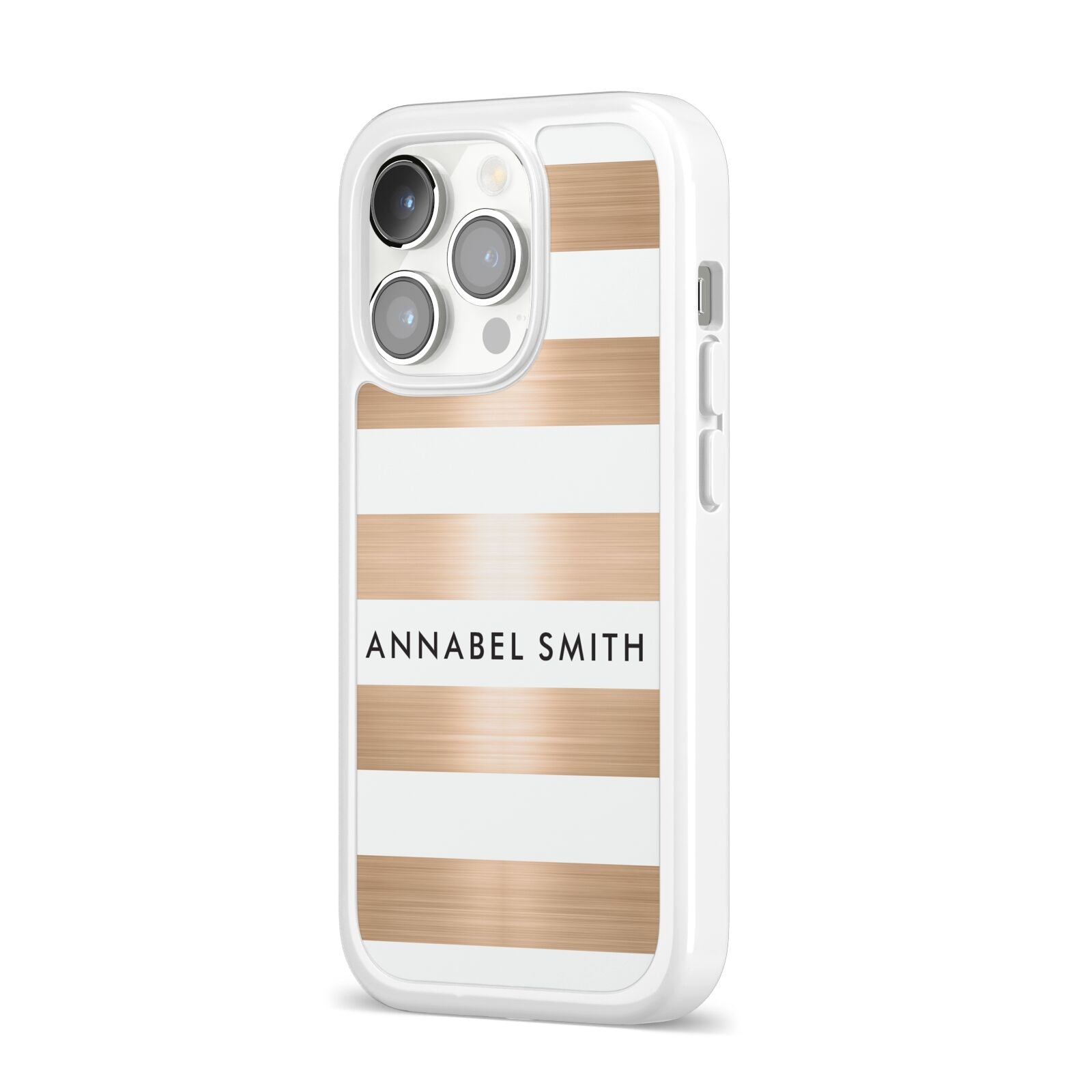 Personalised Gold Striped Name Initials iPhone 14 Pro Clear Tough Case Silver Angled Image