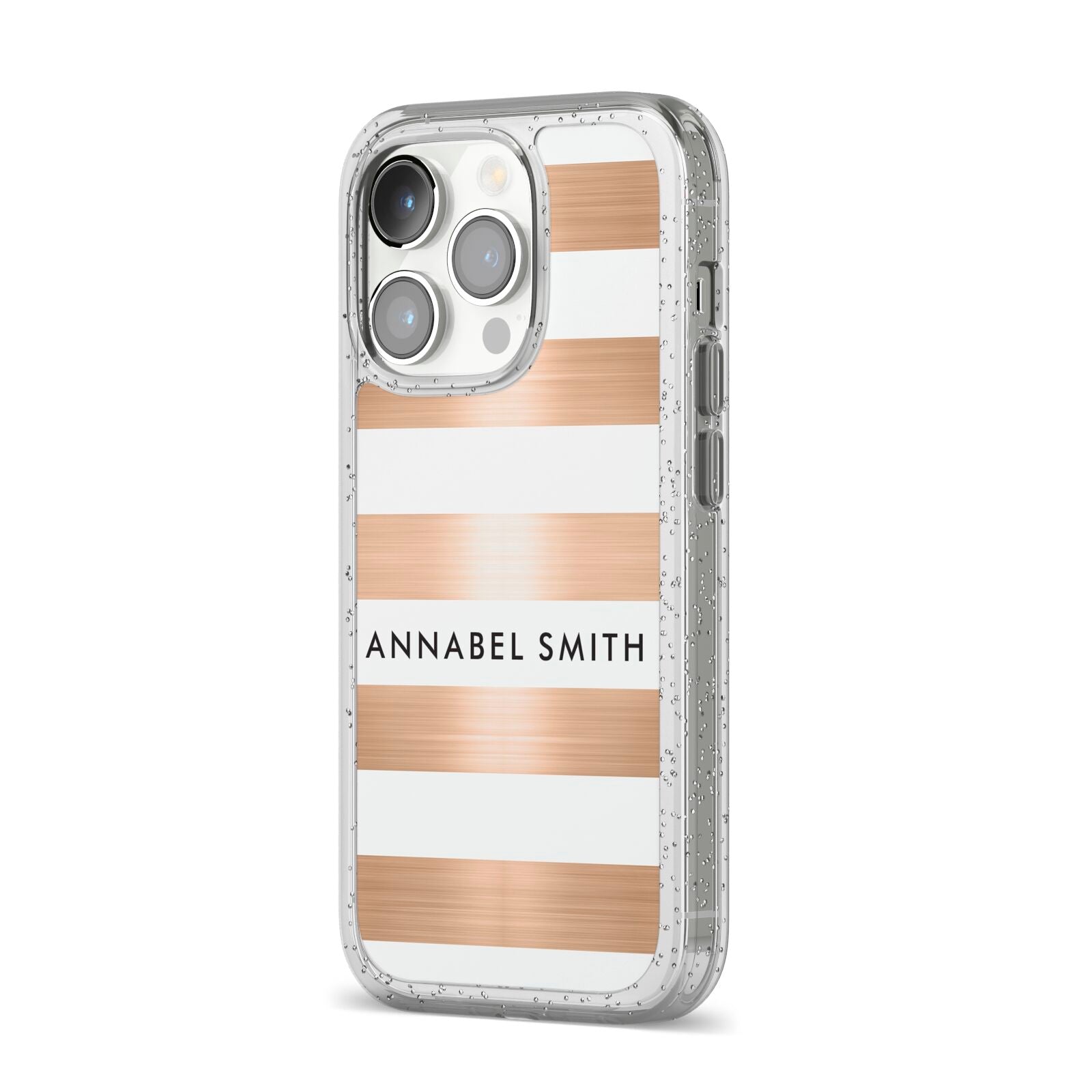 Personalised Gold Striped Name Initials iPhone 14 Pro Glitter Tough Case Silver Angled Image