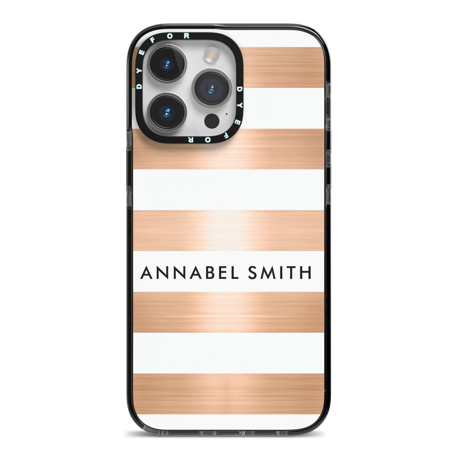 Personalised Gold Striped Name Initials iPhone 14 Pro Max Black Impact Case on Silver phone