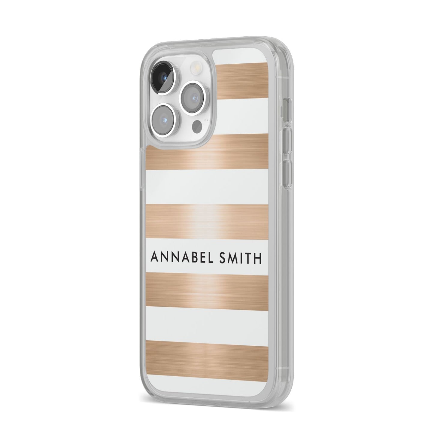 Personalised Gold Striped Name Initials iPhone 14 Pro Max Clear Tough Case Silver Angled Image