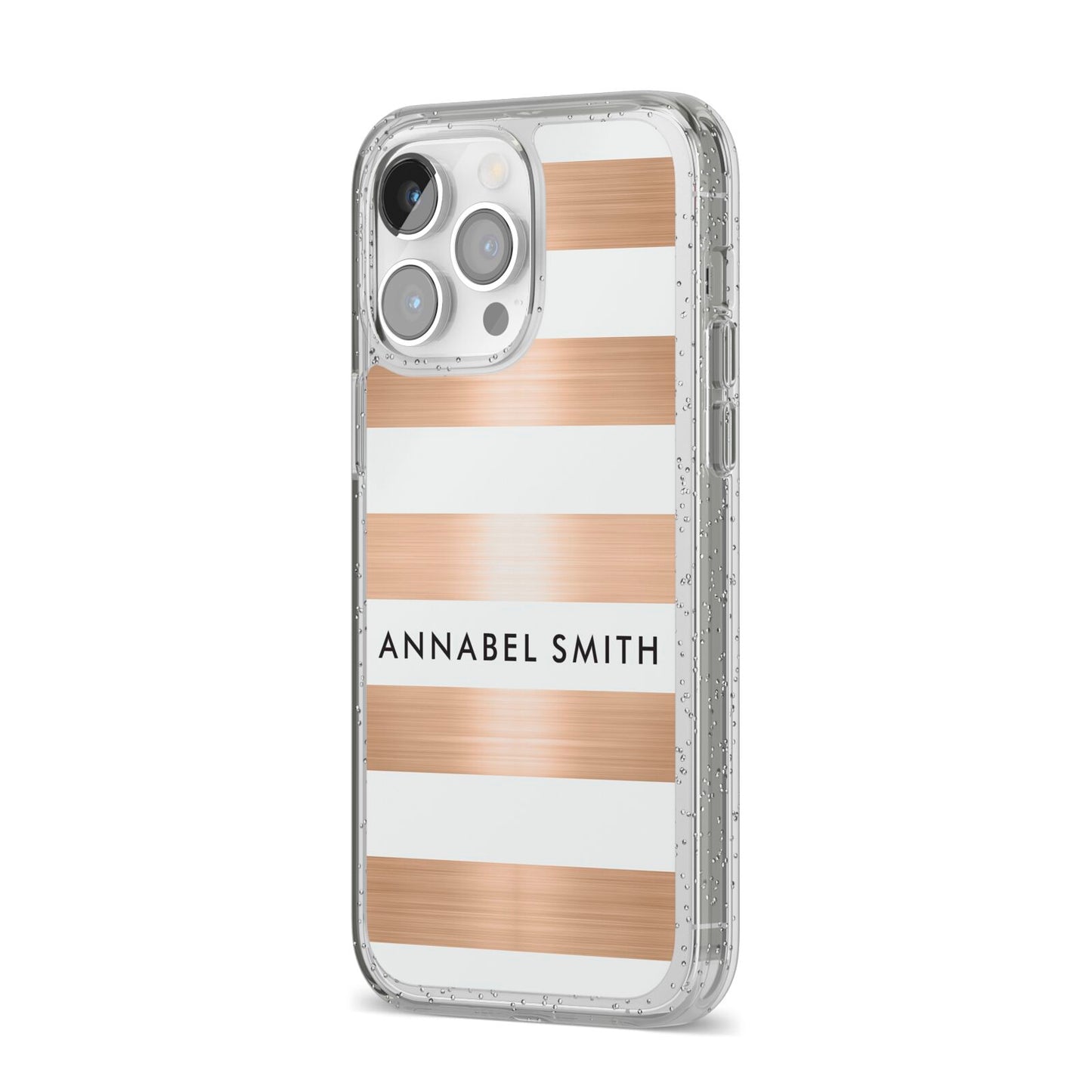 Personalised Gold Striped Name Initials iPhone 14 Pro Max Glitter Tough Case Silver Angled Image