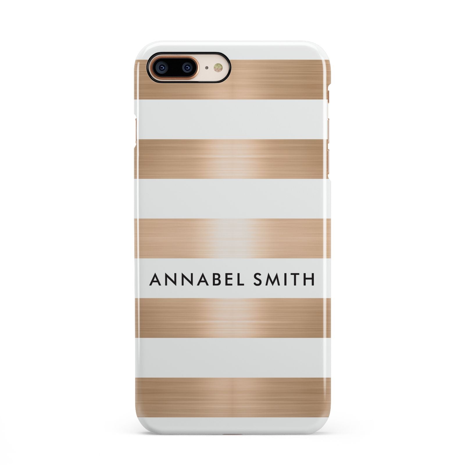 Personalised Gold Striped Name Initials iPhone 8 Plus 3D Snap Case on Gold Phone