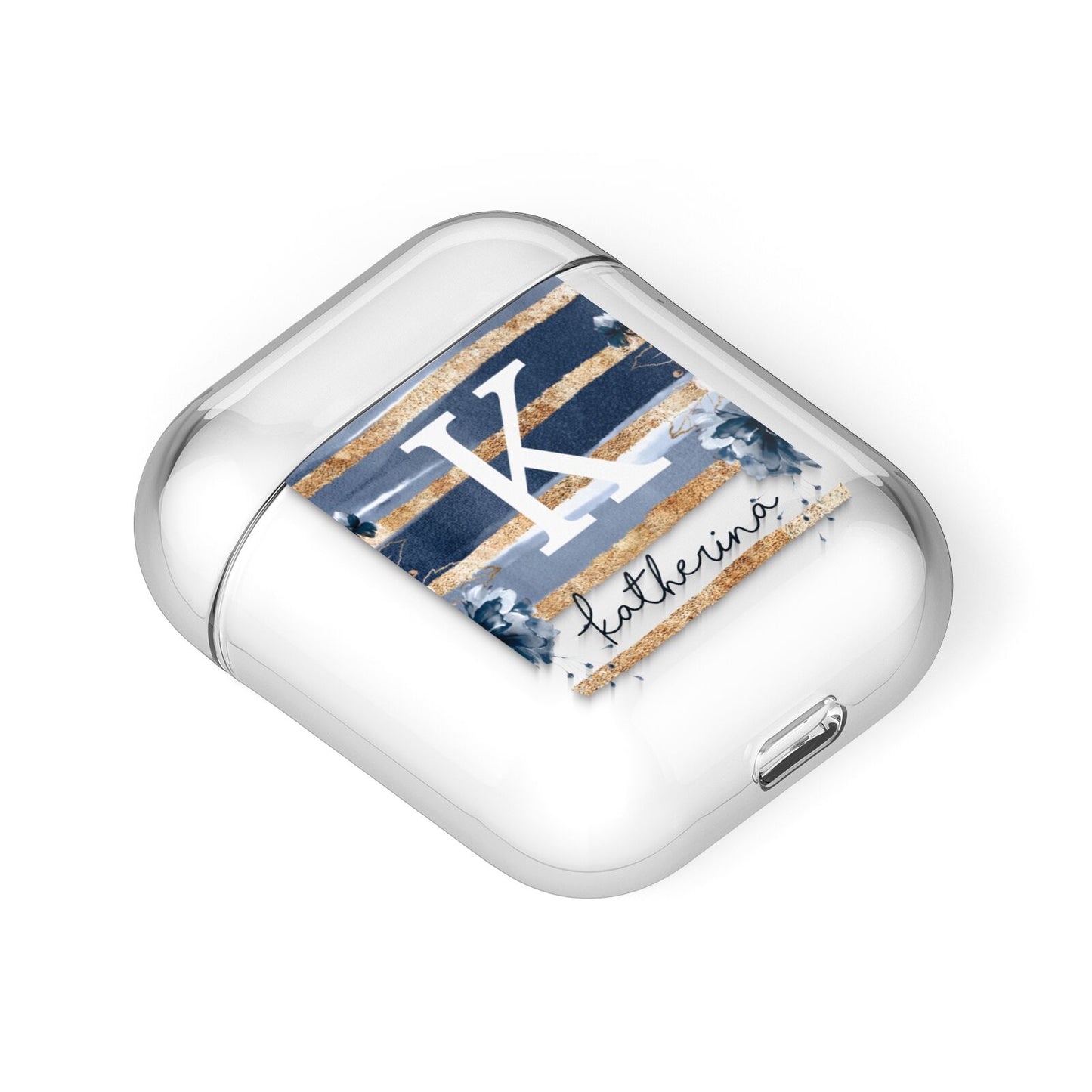Personalised Gold Striped Watercolour AirPods Case Laid Flat