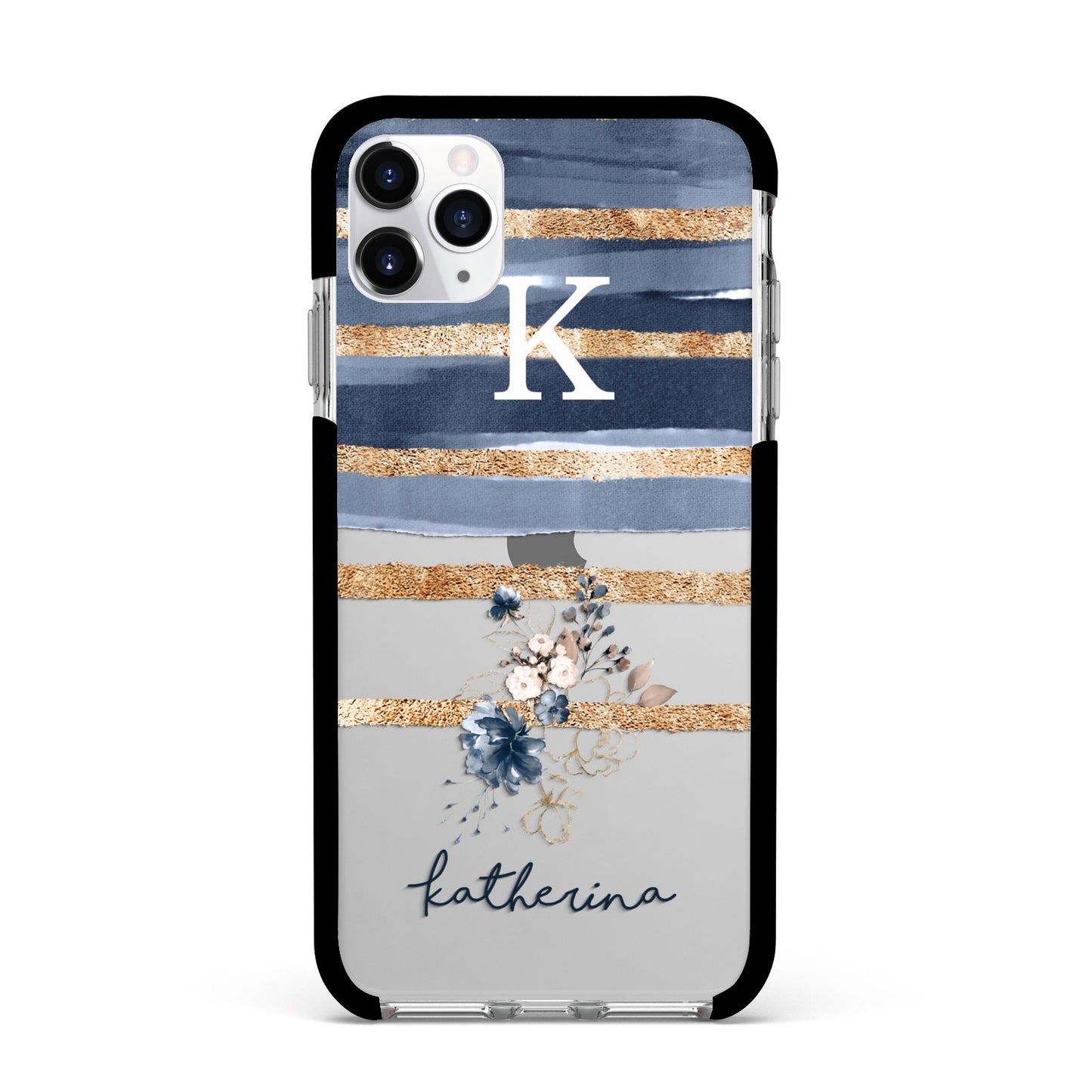 Personalised Gold Striped Watercolour Apple iPhone 11 Pro Max in Silver with Black Impact Case