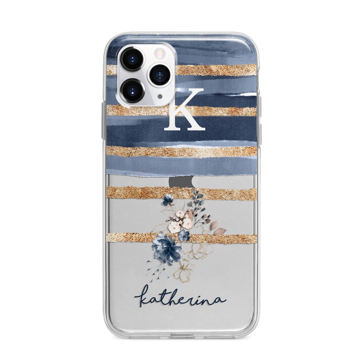 Personalised Gold Striped Watercolour Apple iPhone 11 Pro Max in Silver with Bumper Case