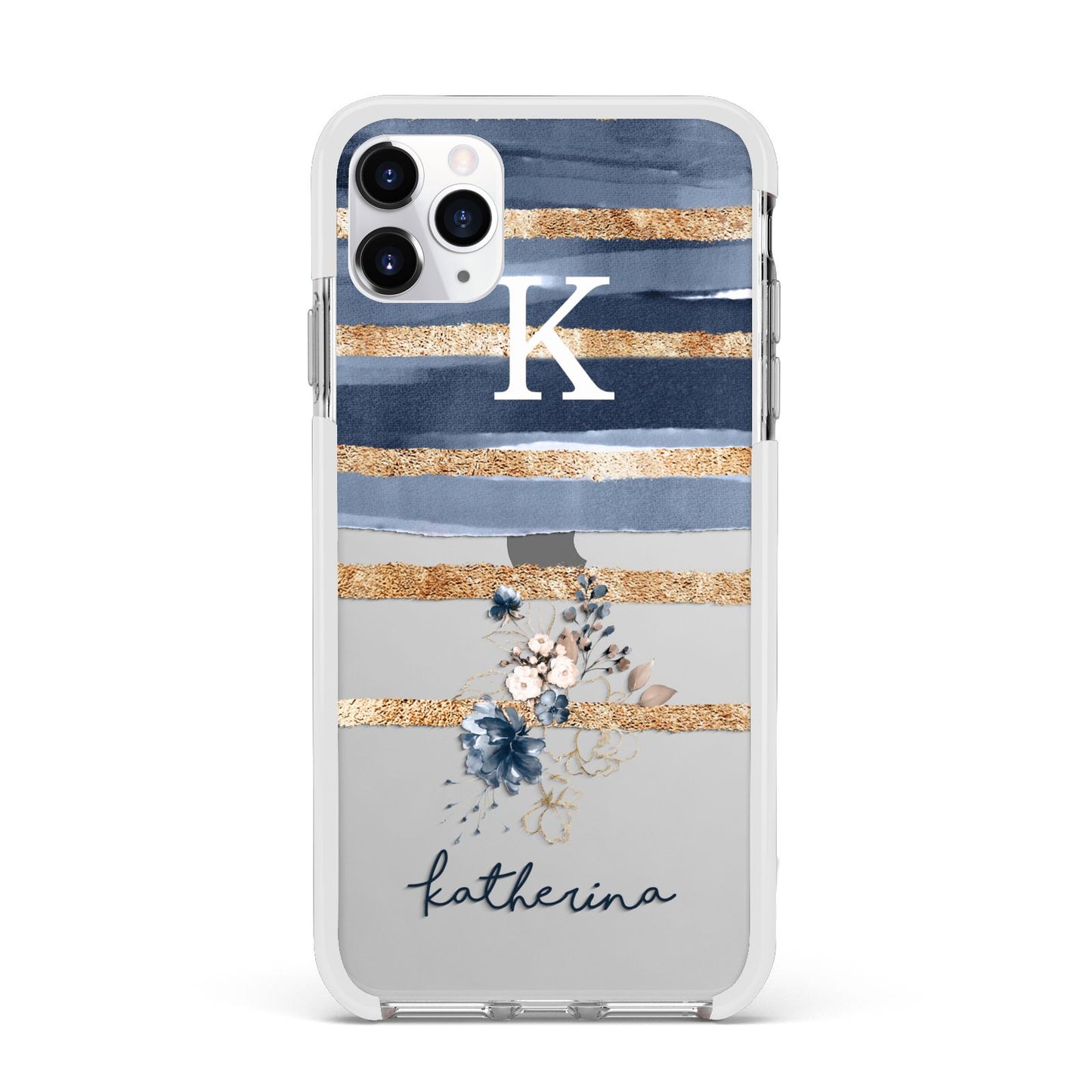 Personalised Gold Striped Watercolour Apple iPhone 11 Pro Max in Silver with White Impact Case