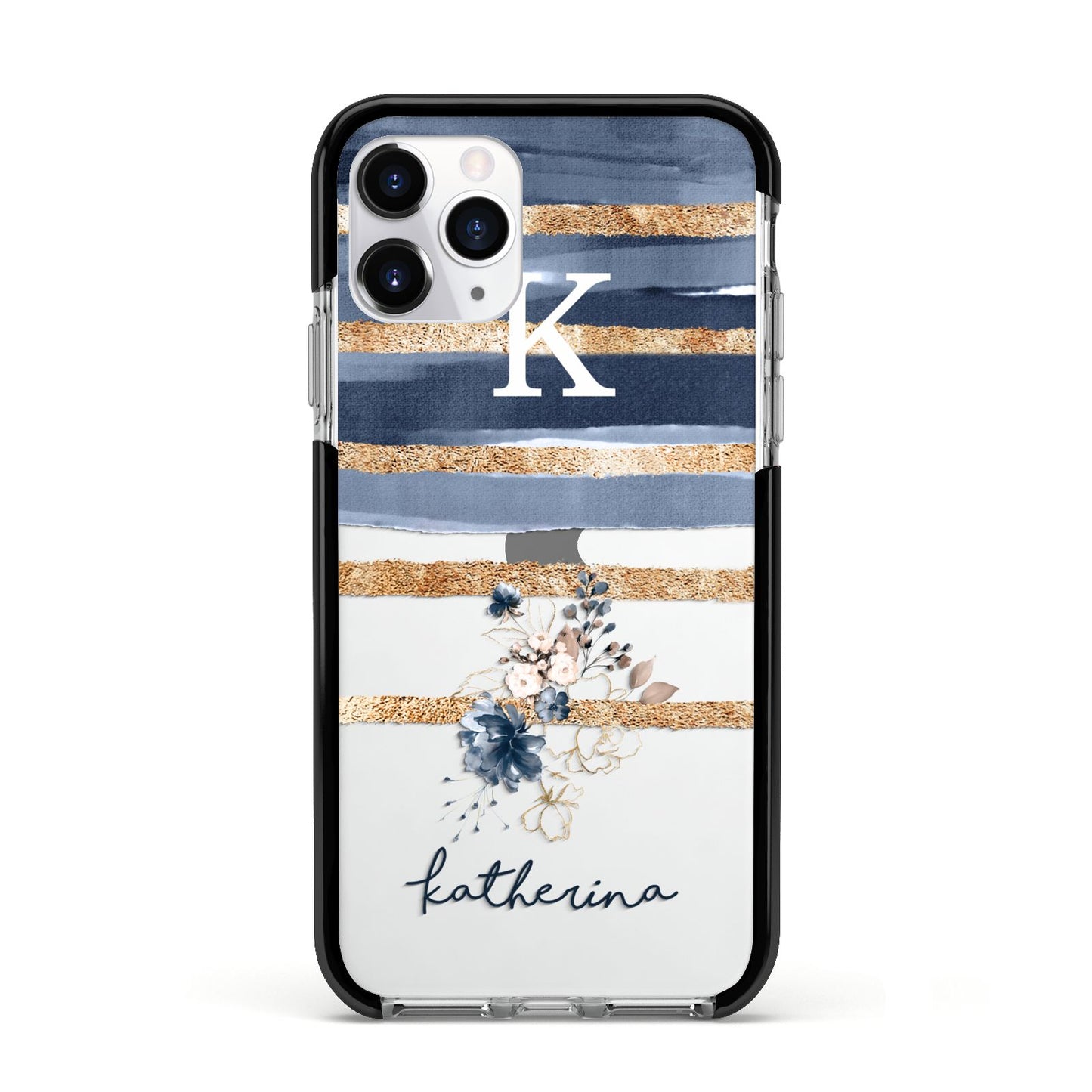 Personalised Gold Striped Watercolour Apple iPhone 11 Pro in Silver with Black Impact Case
