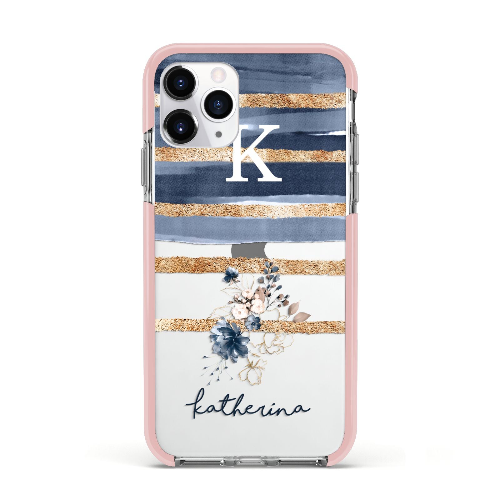 Personalised Gold Striped Watercolour Apple iPhone 11 Pro in Silver with Pink Impact Case
