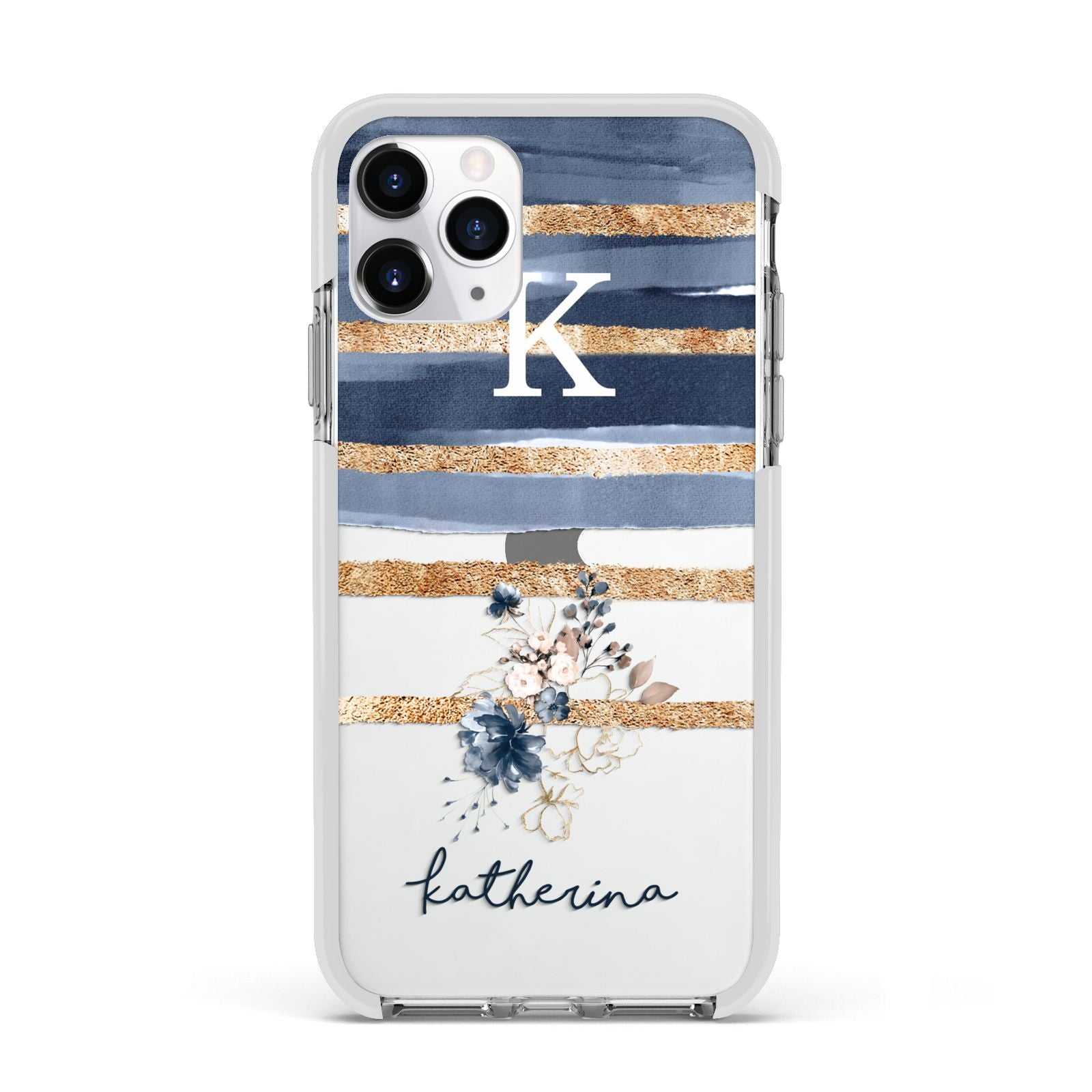 Personalised Gold Striped Watercolour Apple iPhone 11 Pro in Silver with White Impact Case