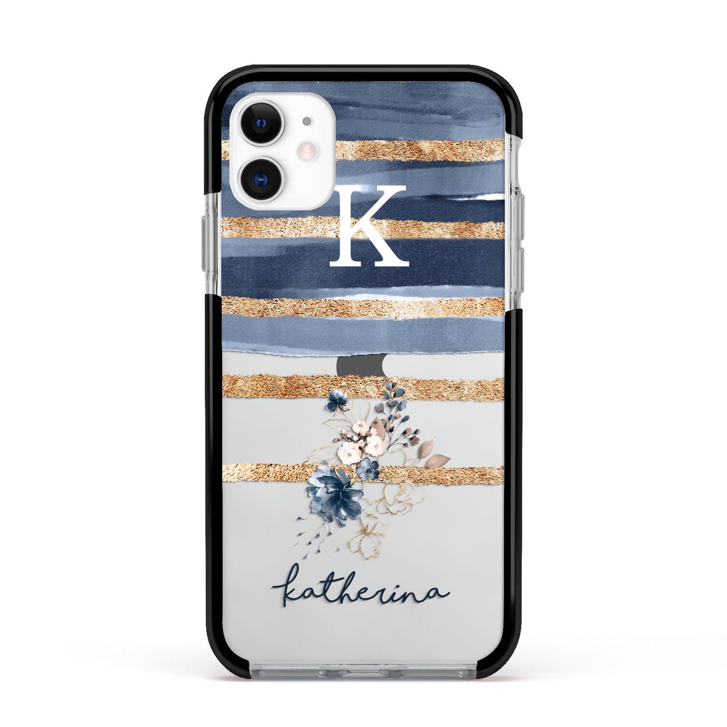 Personalised Gold Striped Watercolour Apple iPhone 11 in White with Black Impact Case