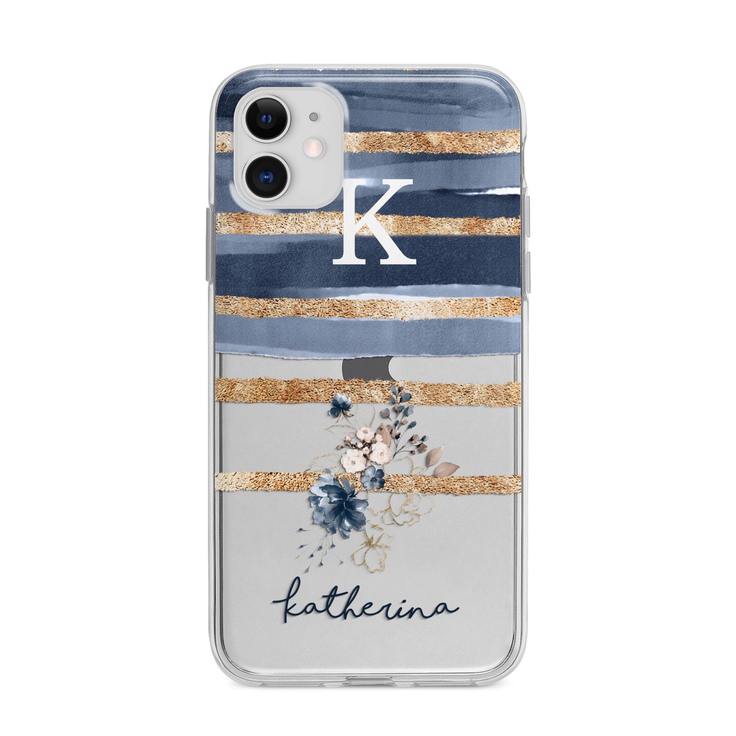 Personalised Gold Striped Watercolour Apple iPhone 11 in White with Bumper Case