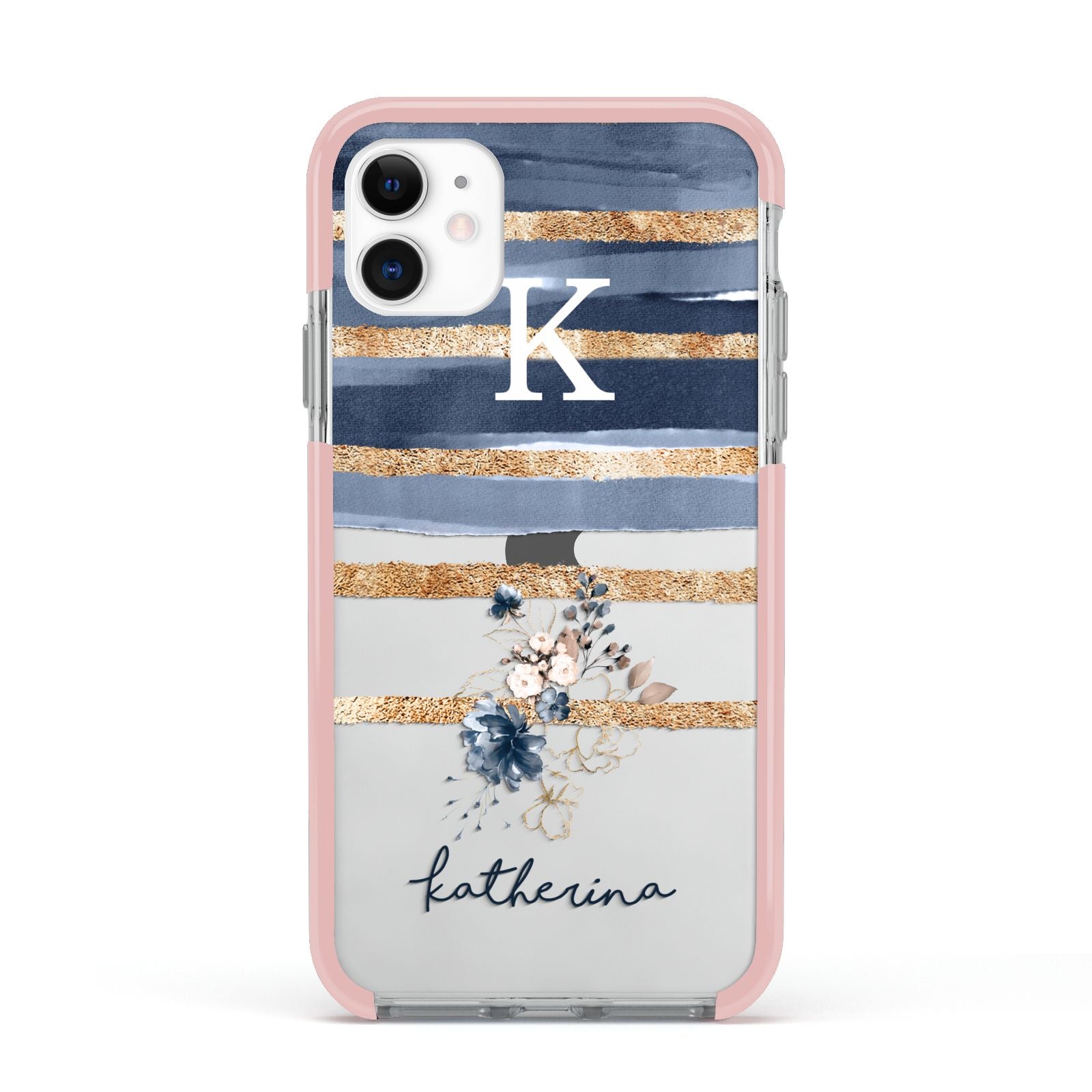 Personalised Gold Striped Watercolour Apple iPhone 11 in White with Pink Impact Case