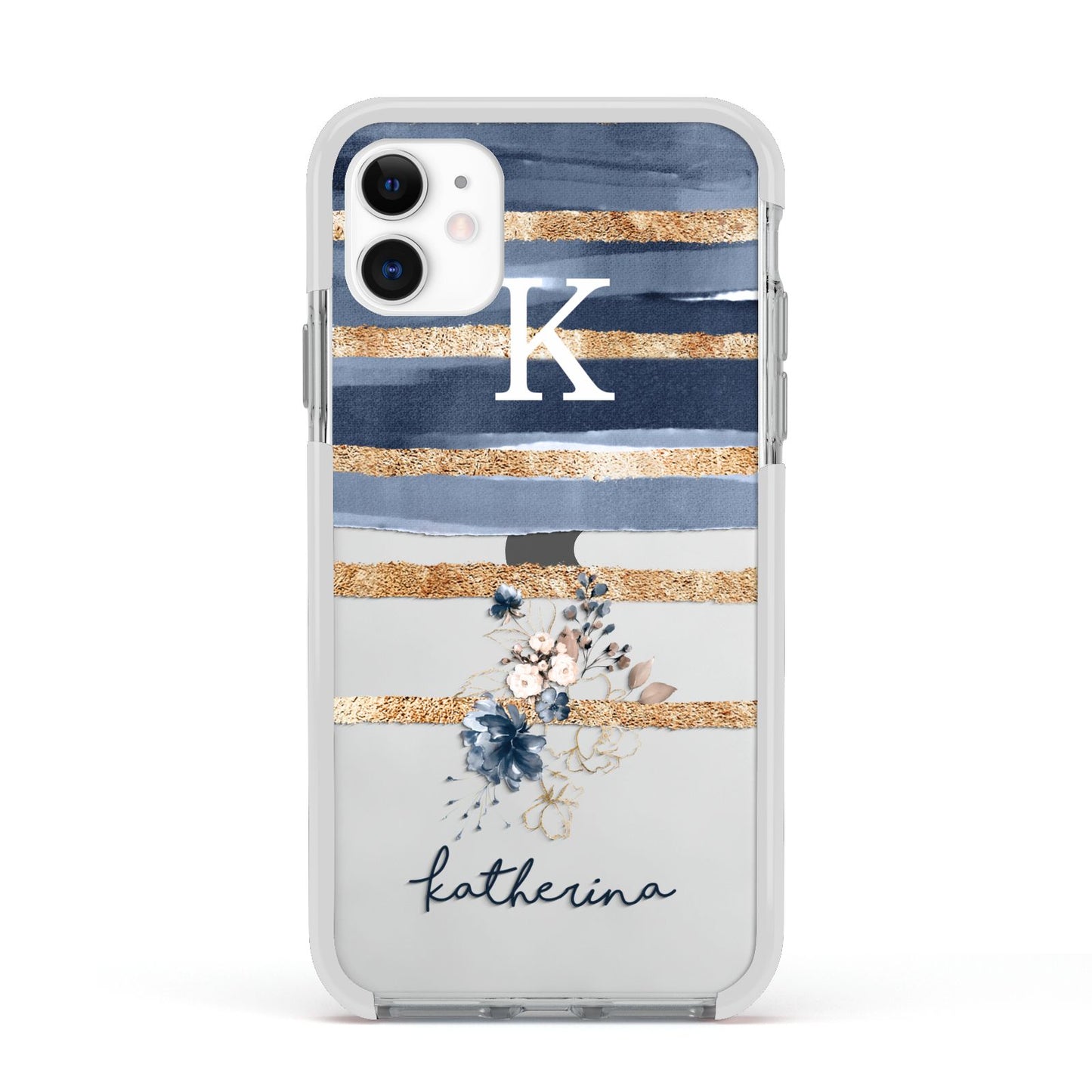 Personalised Gold Striped Watercolour Apple iPhone 11 in White with White Impact Case