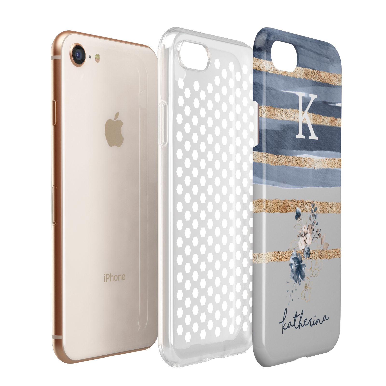 Personalised Gold Striped Watercolour Apple iPhone 7 8 3D Tough Case Expanded View