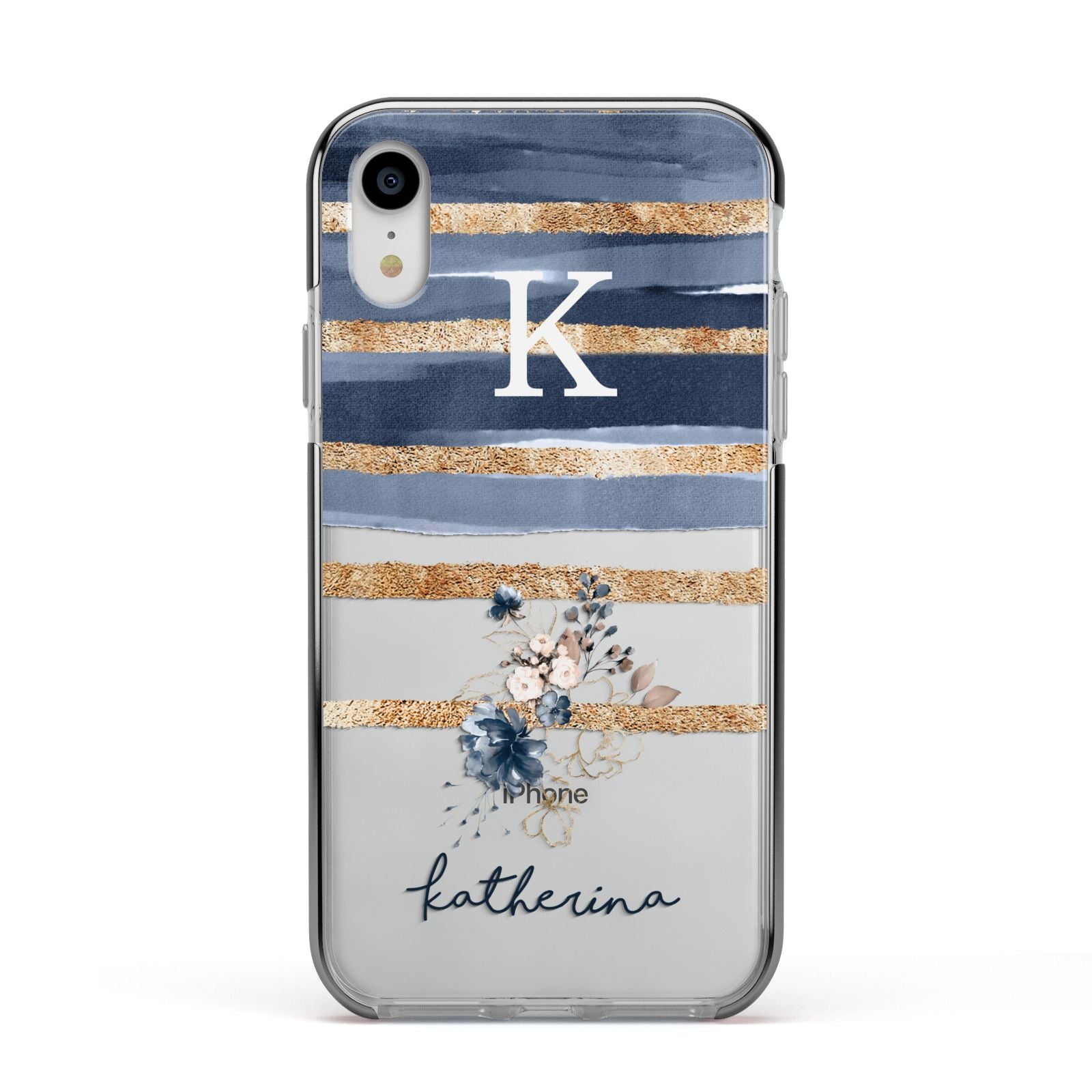 Personalised Gold Striped Watercolour Apple iPhone XR Impact Case Black Edge on Silver Phone