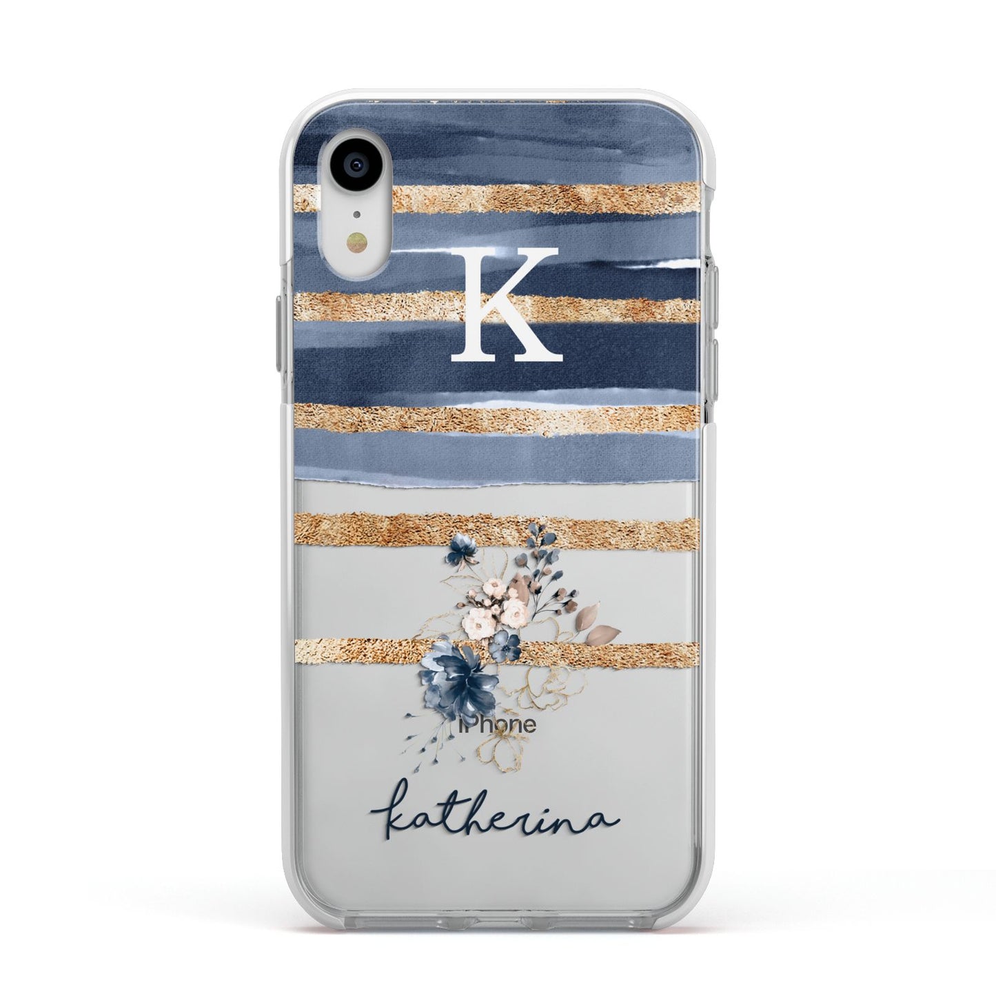 Personalised Gold Striped Watercolour Apple iPhone XR Impact Case White Edge on Silver Phone