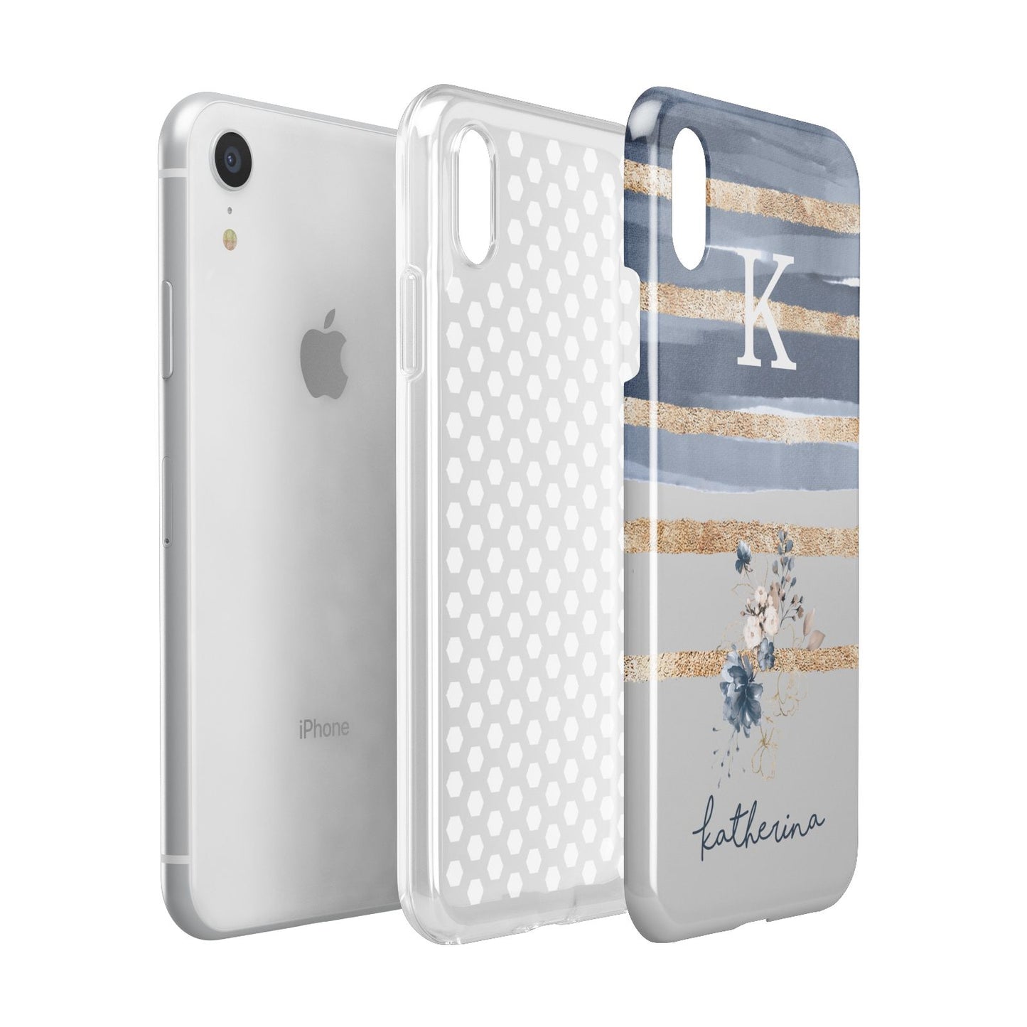 Personalised Gold Striped Watercolour Apple iPhone XR White 3D Tough Case Expanded view