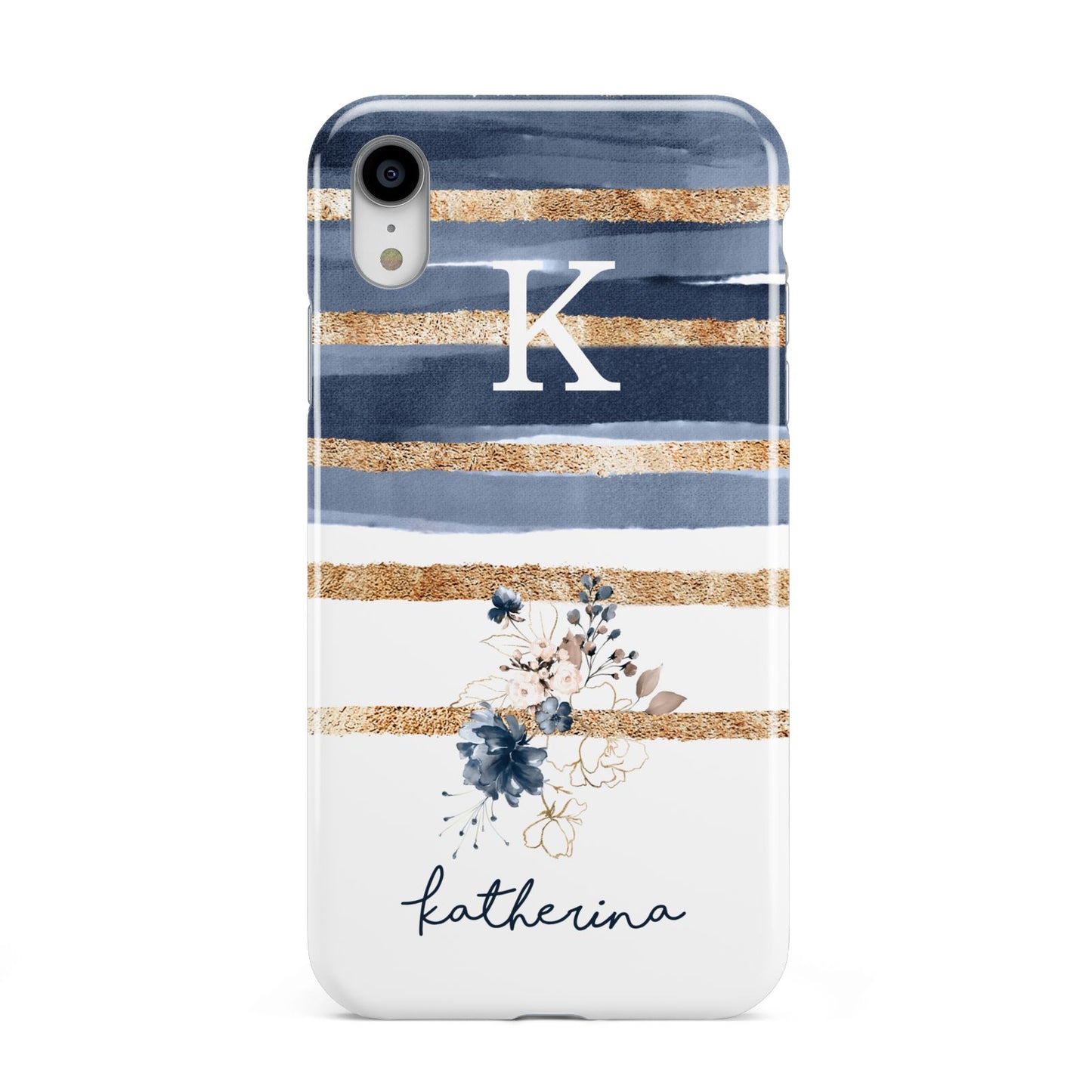 Personalised Gold Striped Watercolour Apple iPhone XR White 3D Tough Case