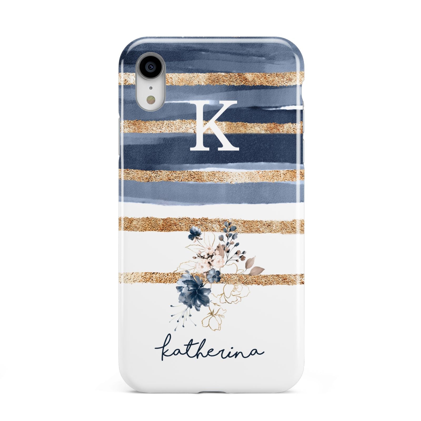 Personalised Gold Striped Watercolour Apple iPhone XR White 3D Tough Case
