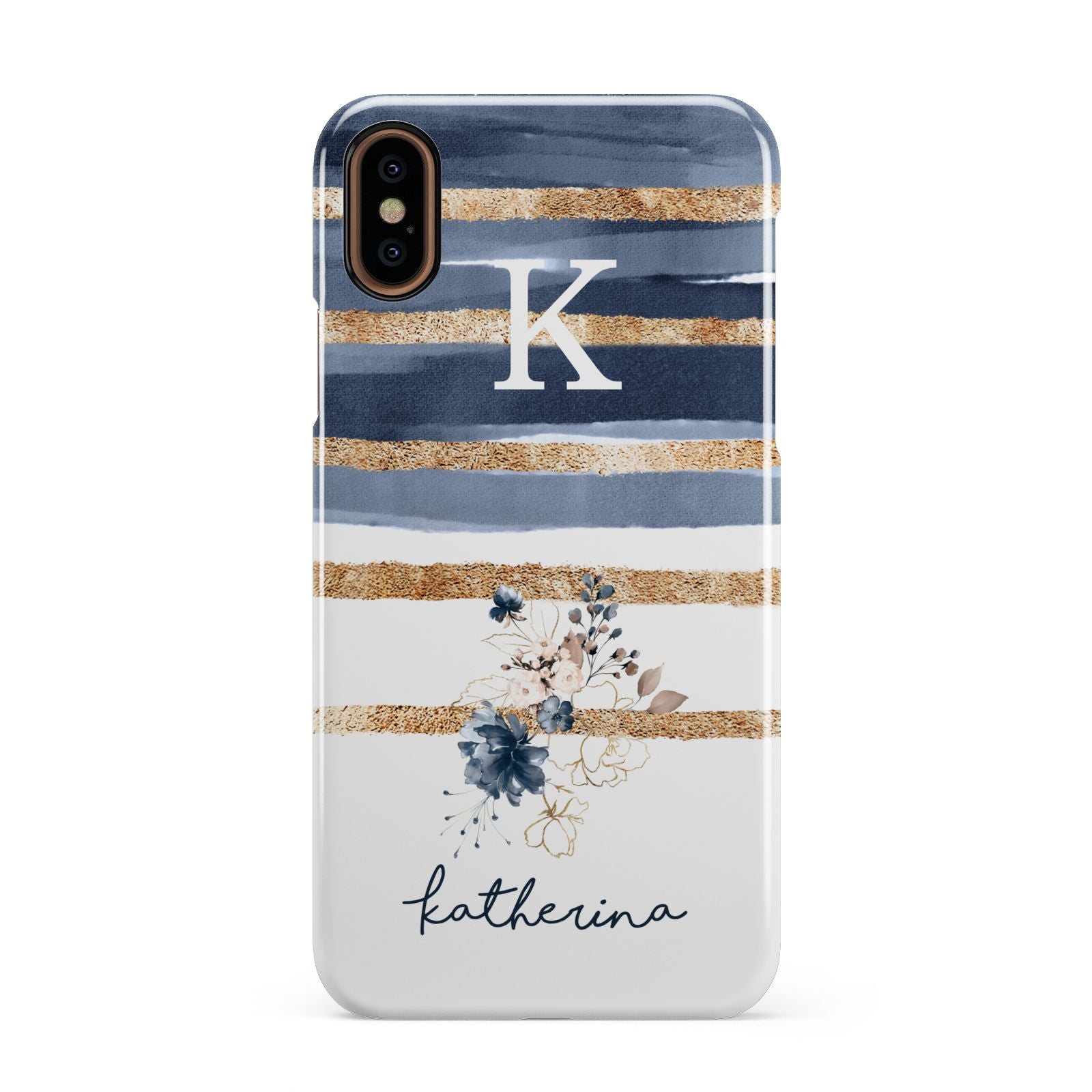 Personalised Gold Striped Watercolour Apple iPhone XS 3D Snap Case