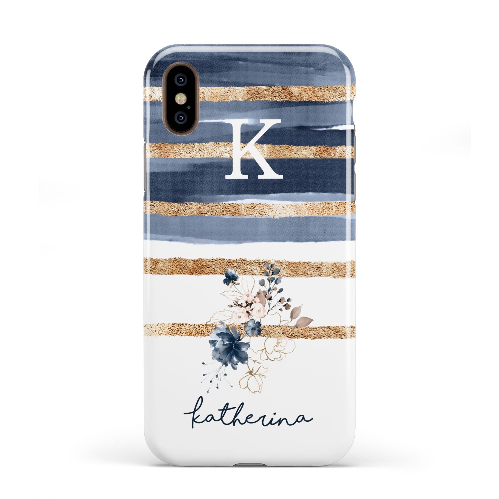 Personalised Gold Striped Watercolour Apple iPhone XS 3D Tough