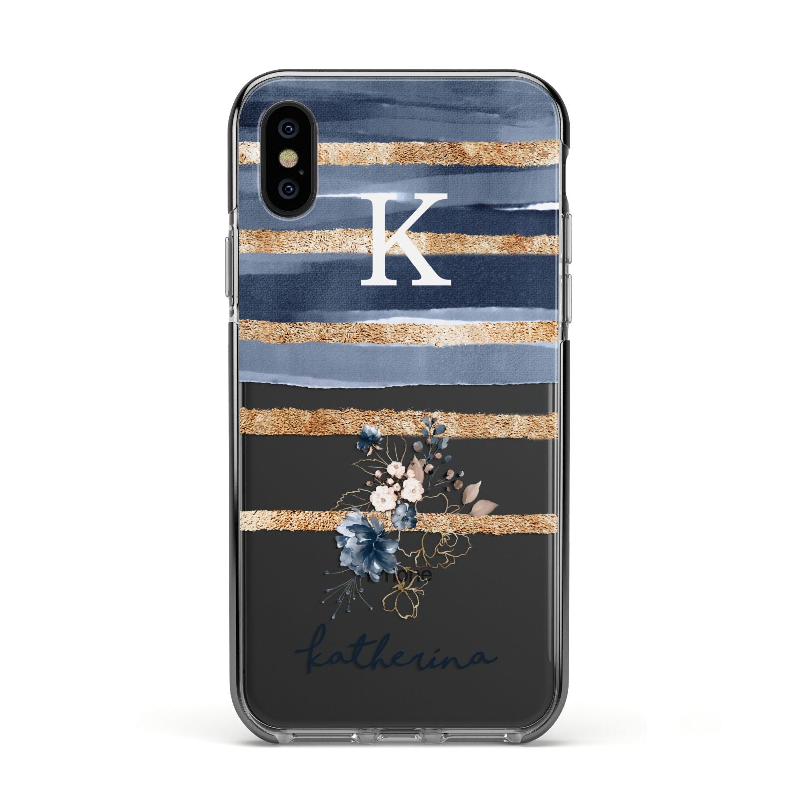Personalised Gold Striped Watercolour Apple iPhone Xs Impact Case Black Edge on Black Phone