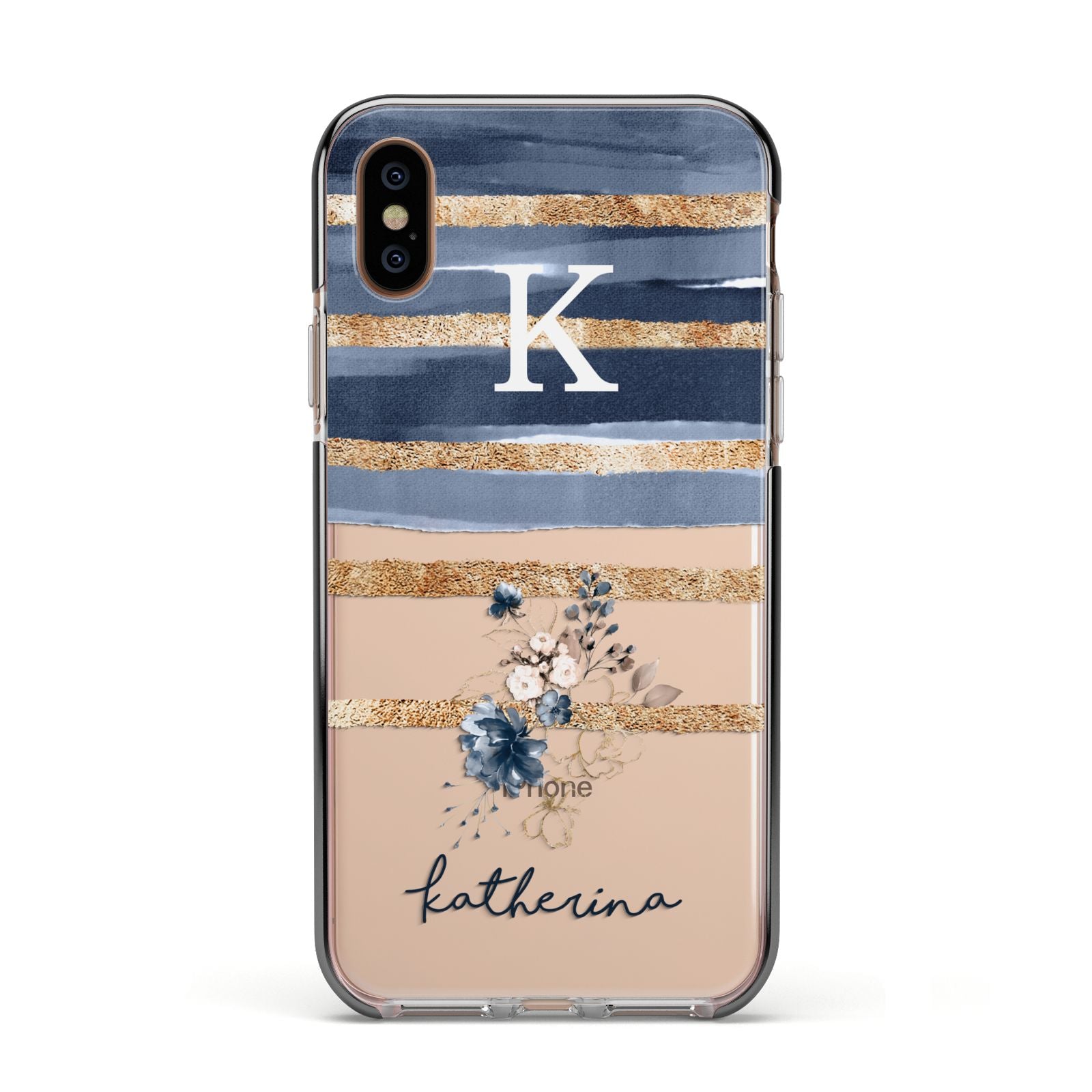 Personalised Gold Striped Watercolour Apple iPhone Xs Impact Case Black Edge on Gold Phone