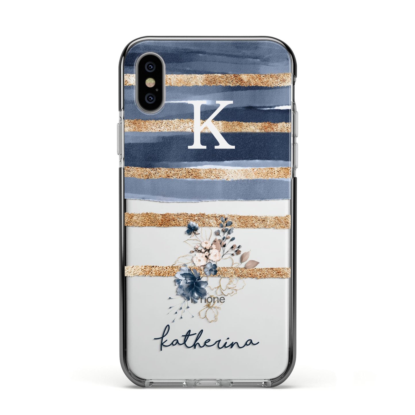 Personalised Gold Striped Watercolour Apple iPhone Xs Impact Case Black Edge on Silver Phone