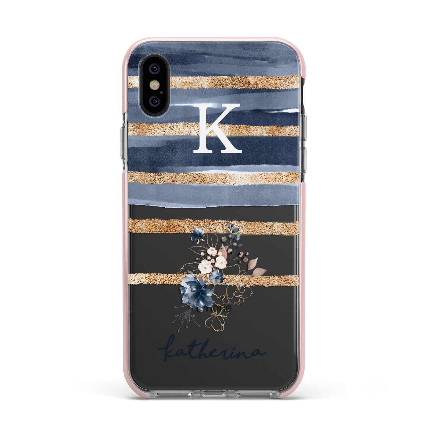 Personalised Gold Striped Watercolour Apple iPhone Xs Impact Case Pink Edge on Black Phone