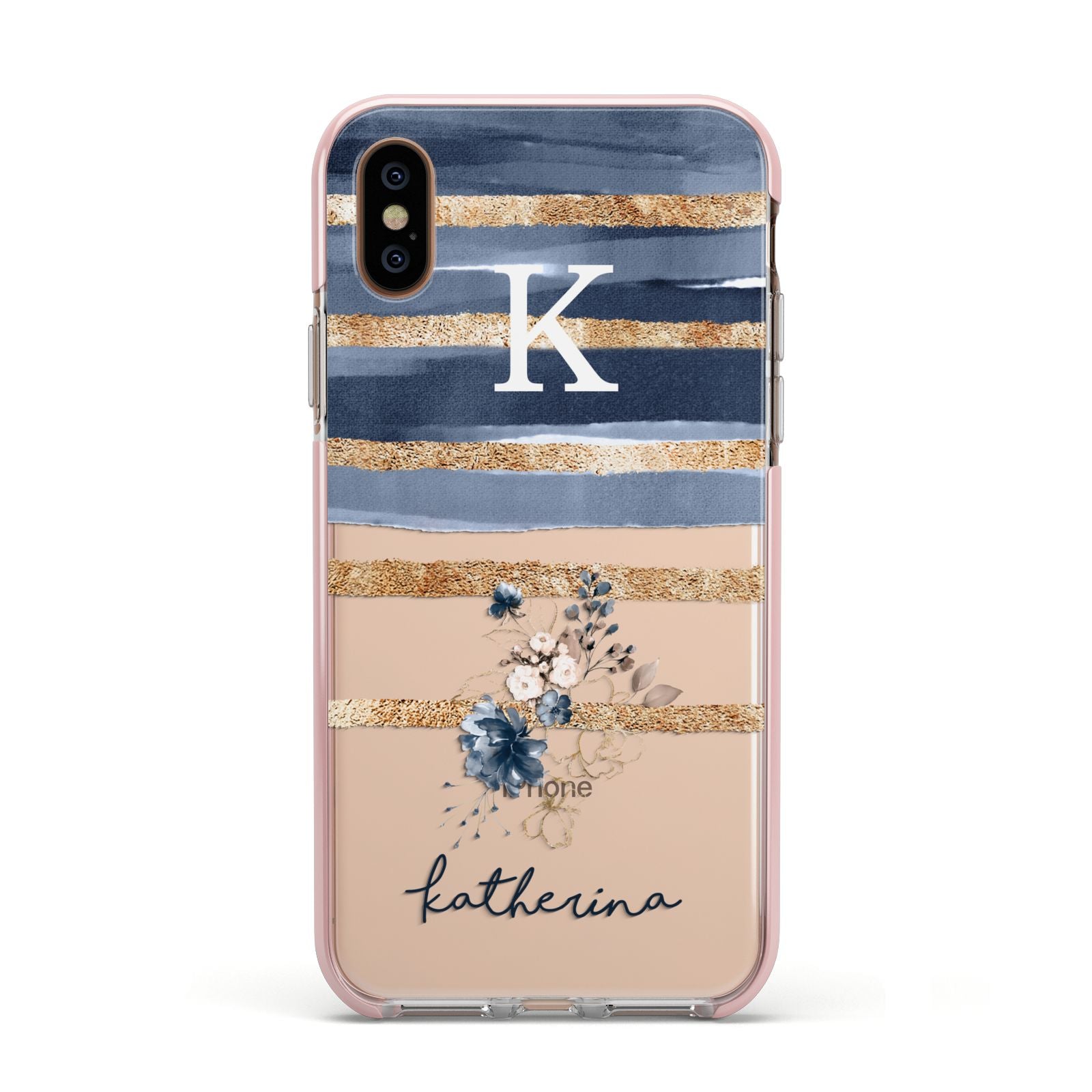 Personalised Gold Striped Watercolour Apple iPhone Xs Impact Case Pink Edge on Gold Phone