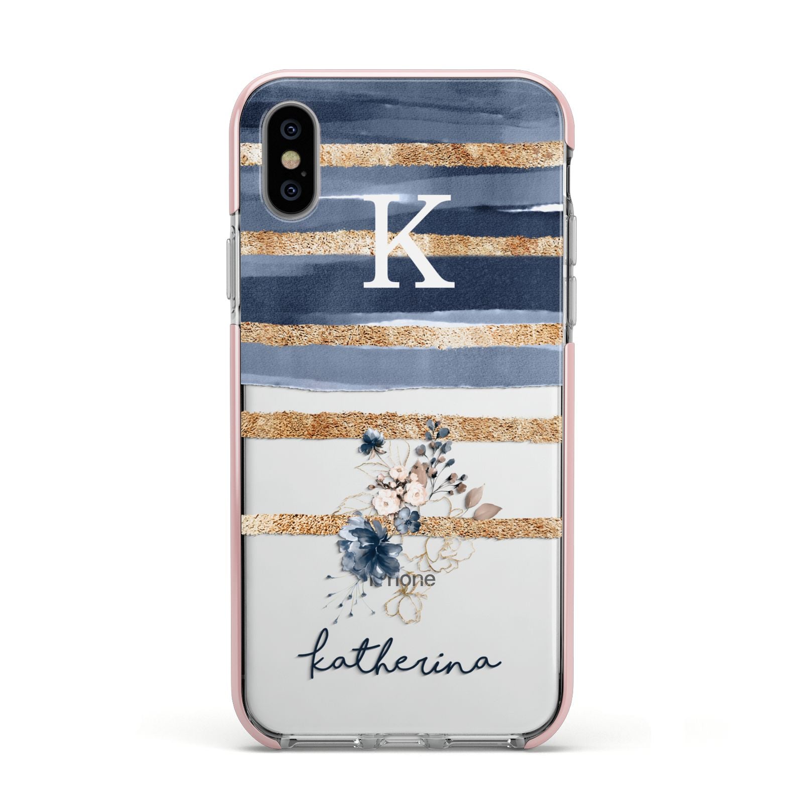 Personalised Gold Striped Watercolour Apple iPhone Xs Impact Case Pink Edge on Silver Phone