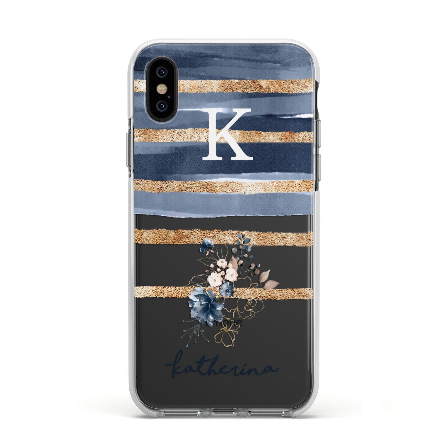 Personalised Gold Striped Watercolour Apple iPhone Xs Impact Case White Edge on Black Phone