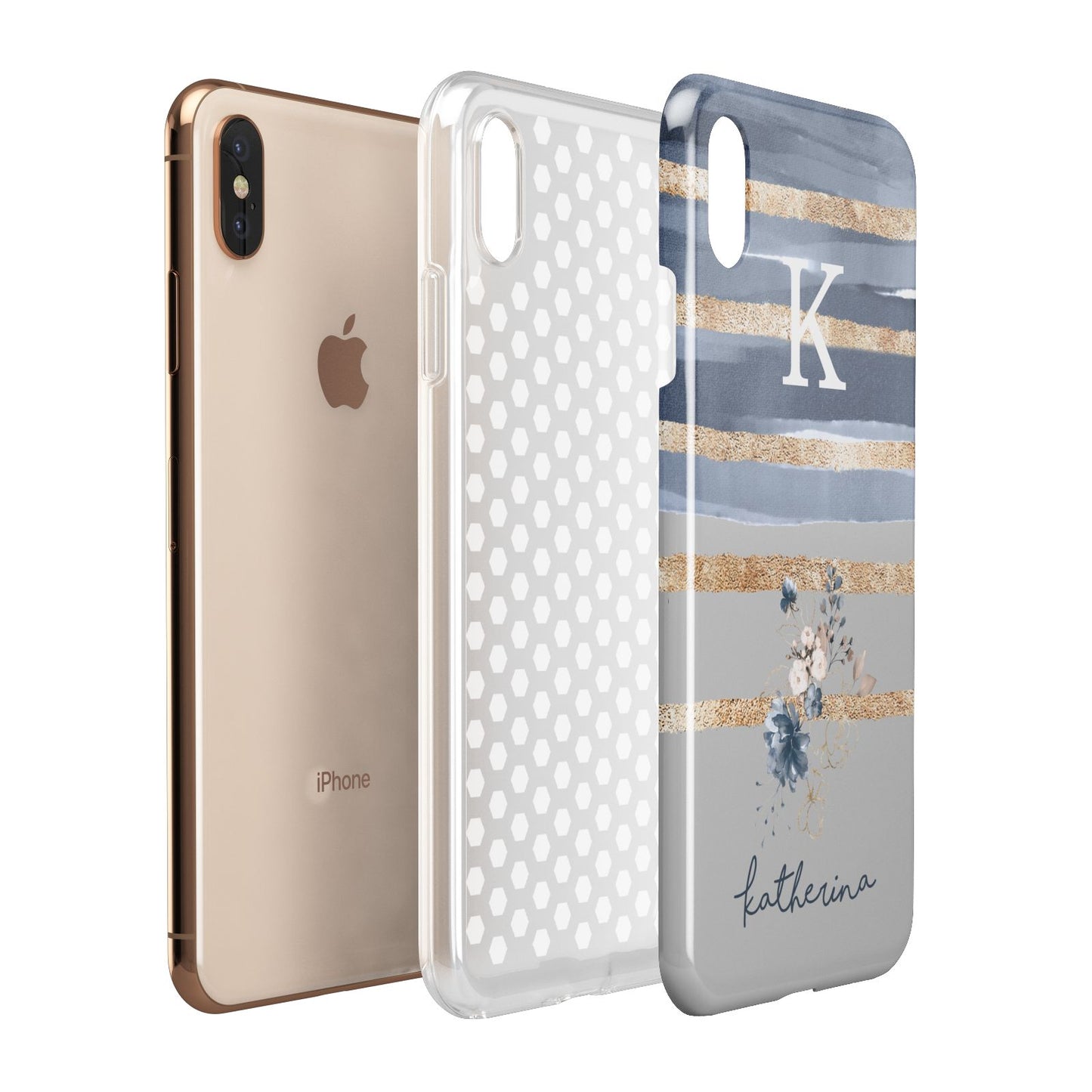 Personalised Gold Striped Watercolour Apple iPhone Xs Max 3D Tough Case Expanded View