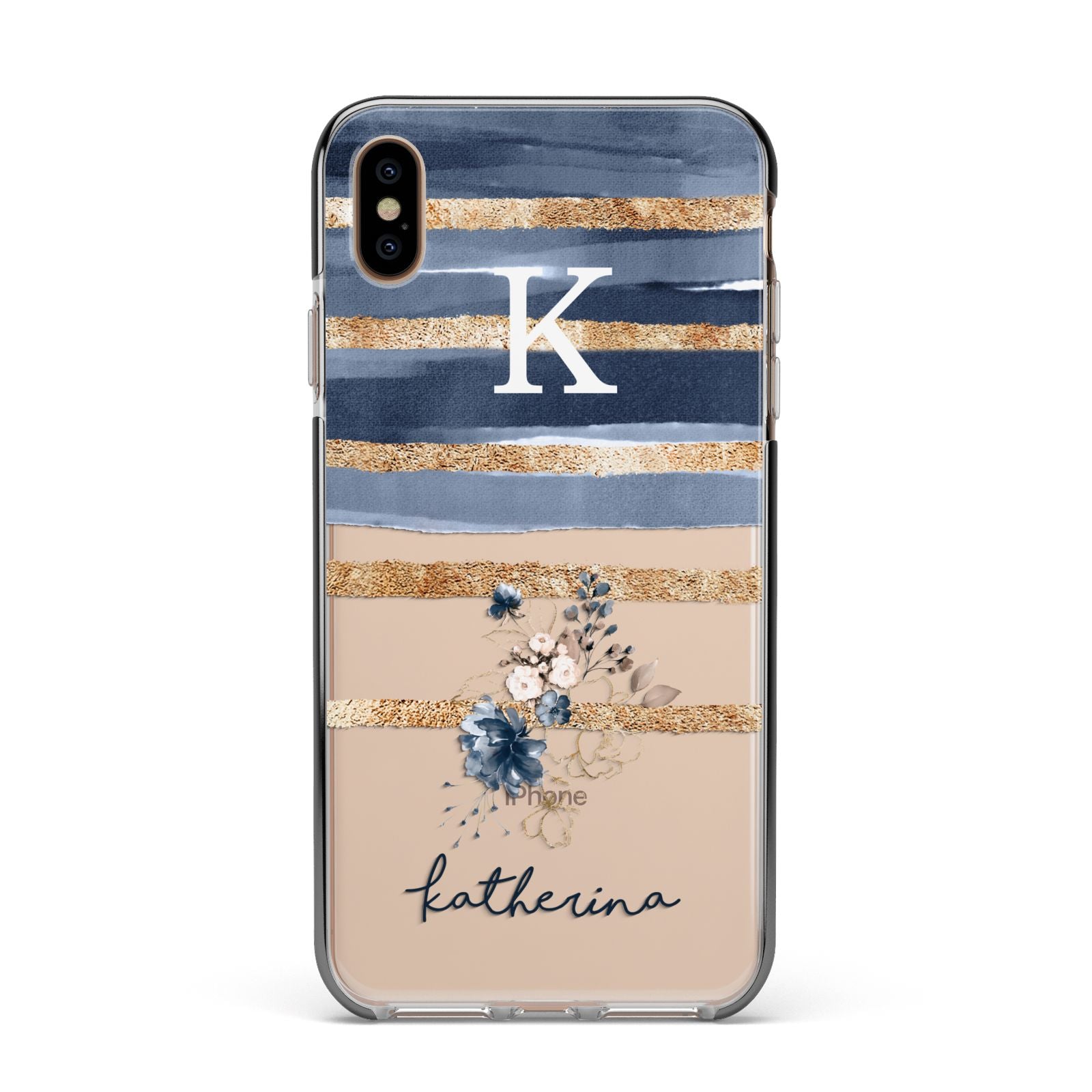 Personalised Gold Striped Watercolour Apple iPhone Xs Max Impact Case Black Edge on Gold Phone