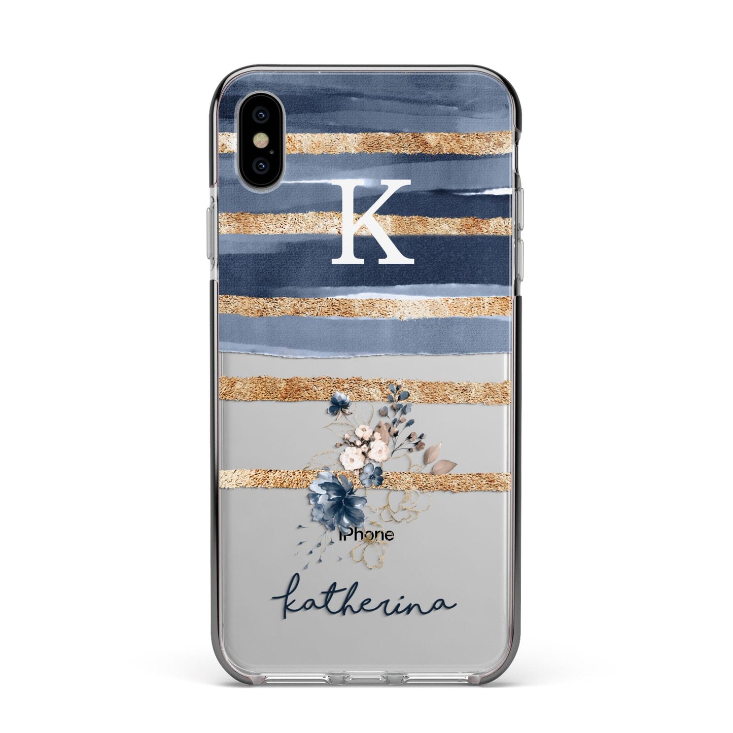 Personalised Gold Striped Watercolour Apple iPhone Xs Max Impact Case Black Edge on Silver Phone