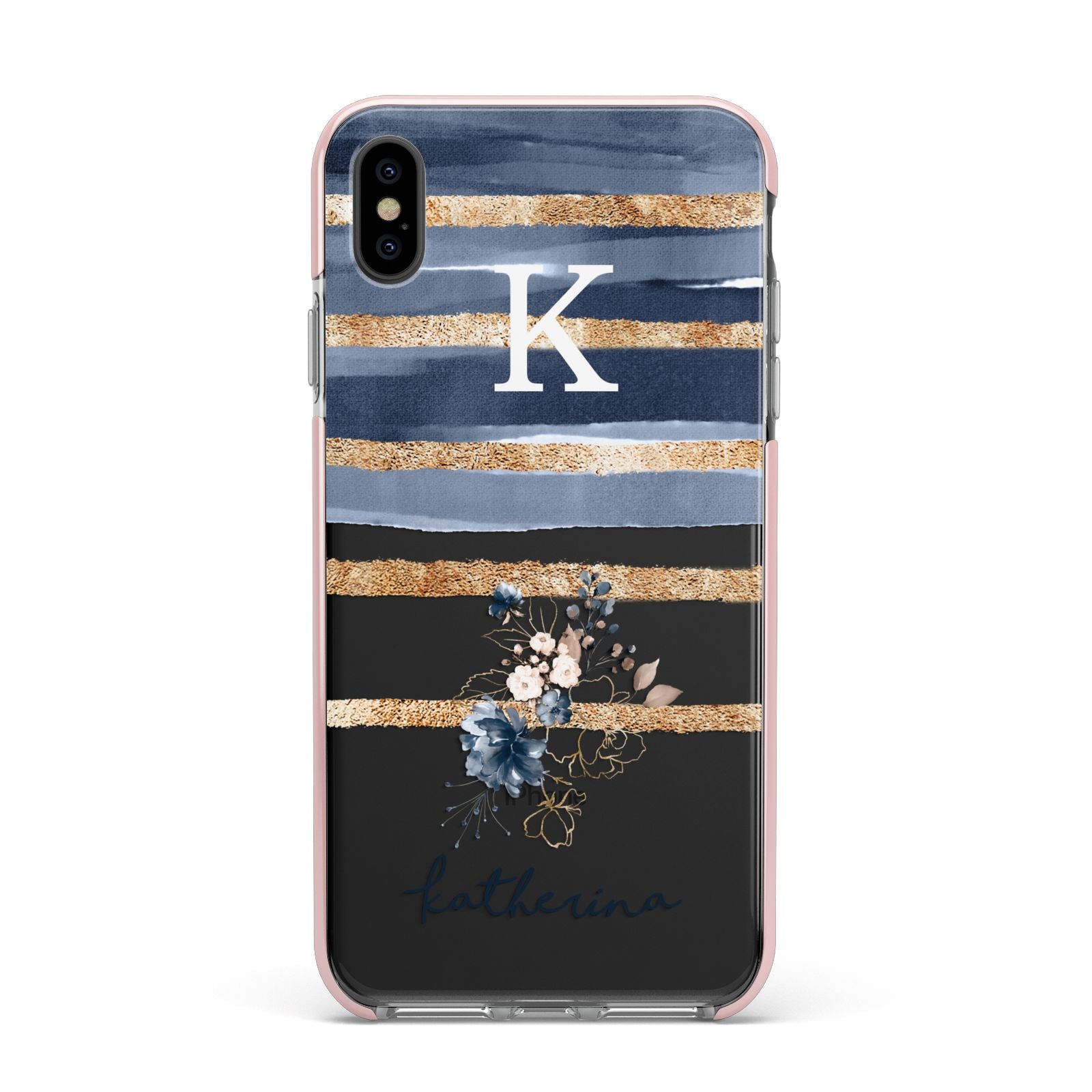 Personalised Gold Striped Watercolour Apple iPhone Xs Max Impact Case Pink Edge on Black Phone