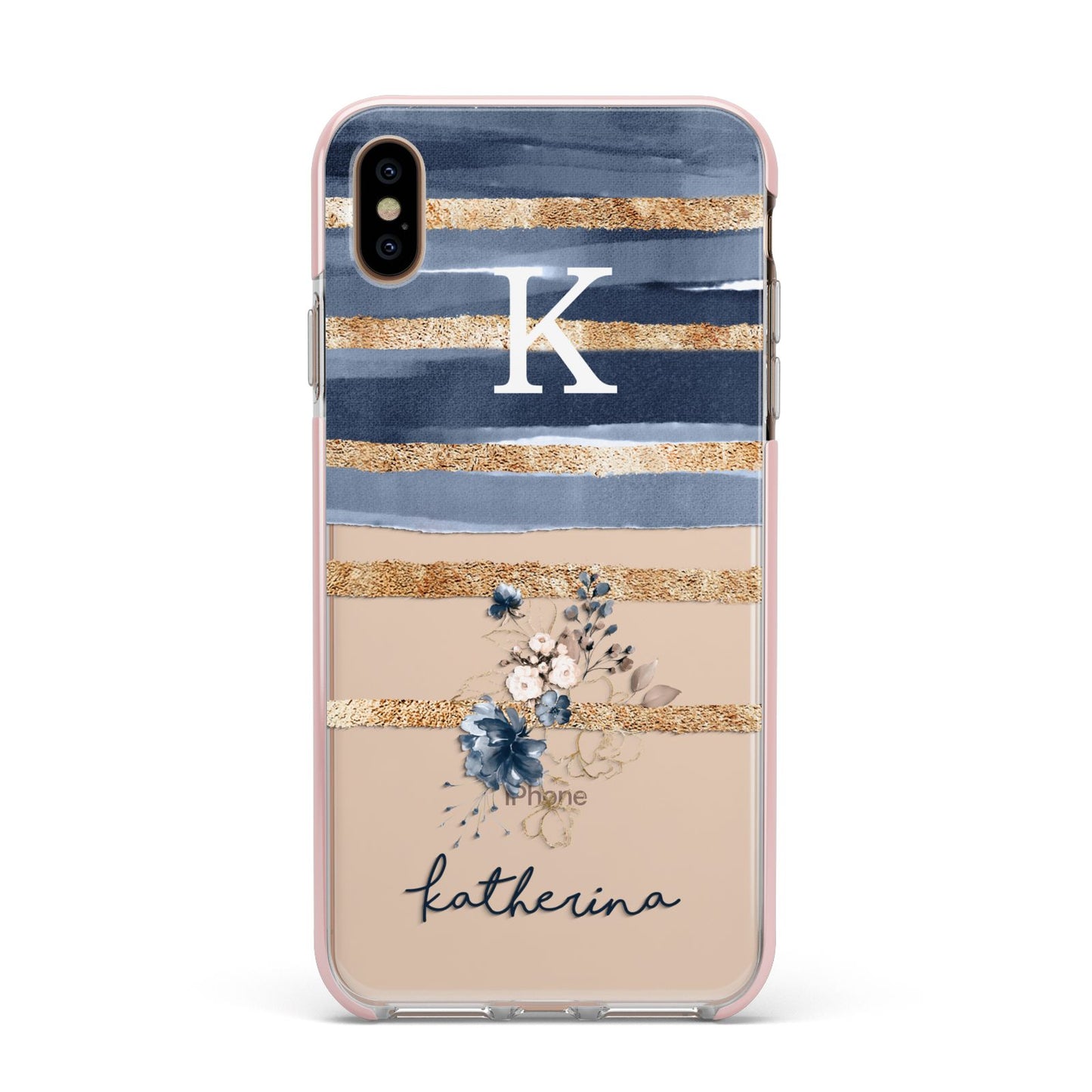 Personalised Gold Striped Watercolour Apple iPhone Xs Max Impact Case Pink Edge on Gold Phone