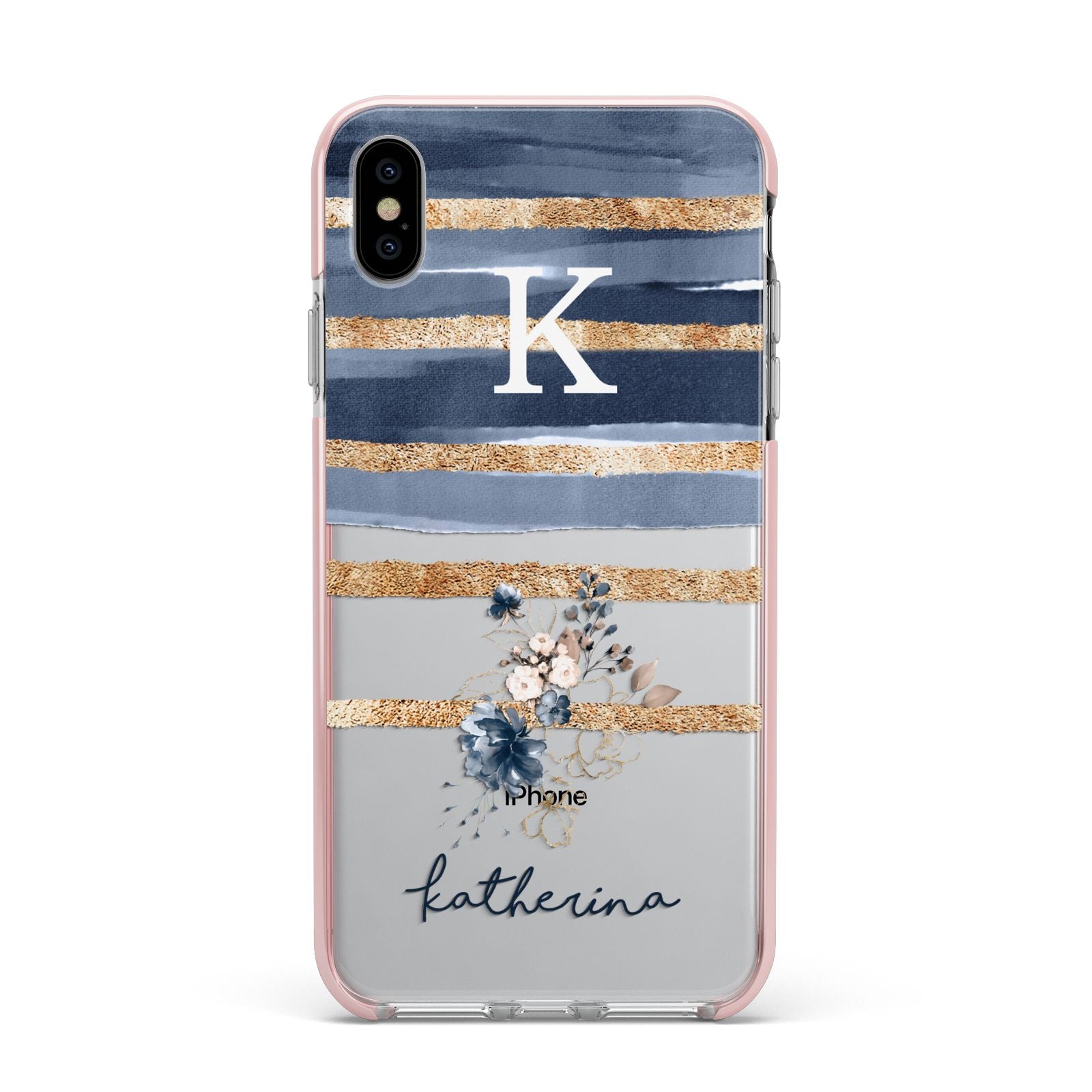 Personalised Gold Striped Watercolour Apple iPhone Xs Max Impact Case Pink Edge on Silver Phone
