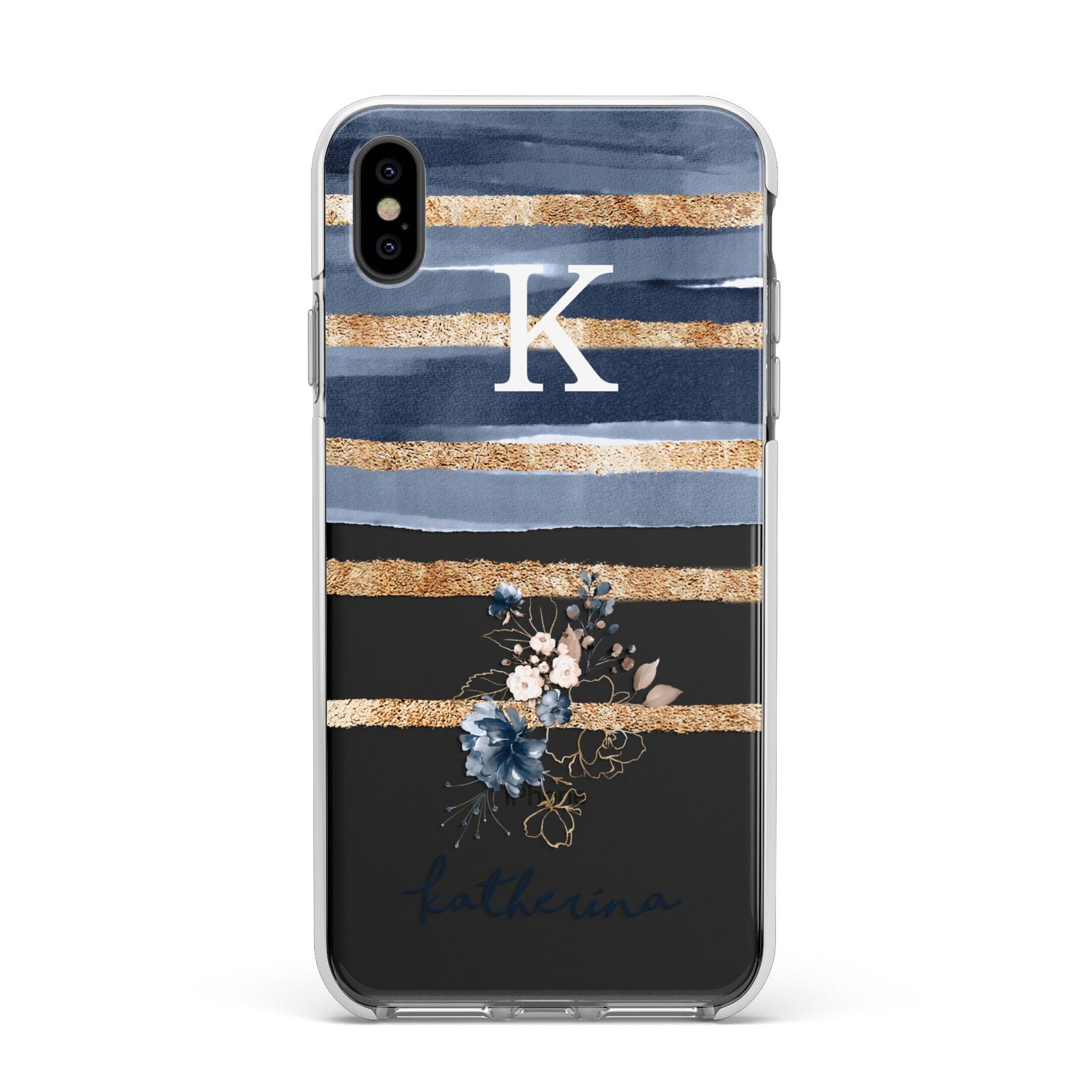 Personalised Gold Striped Watercolour Apple iPhone Xs Max Impact Case White Edge on Black Phone