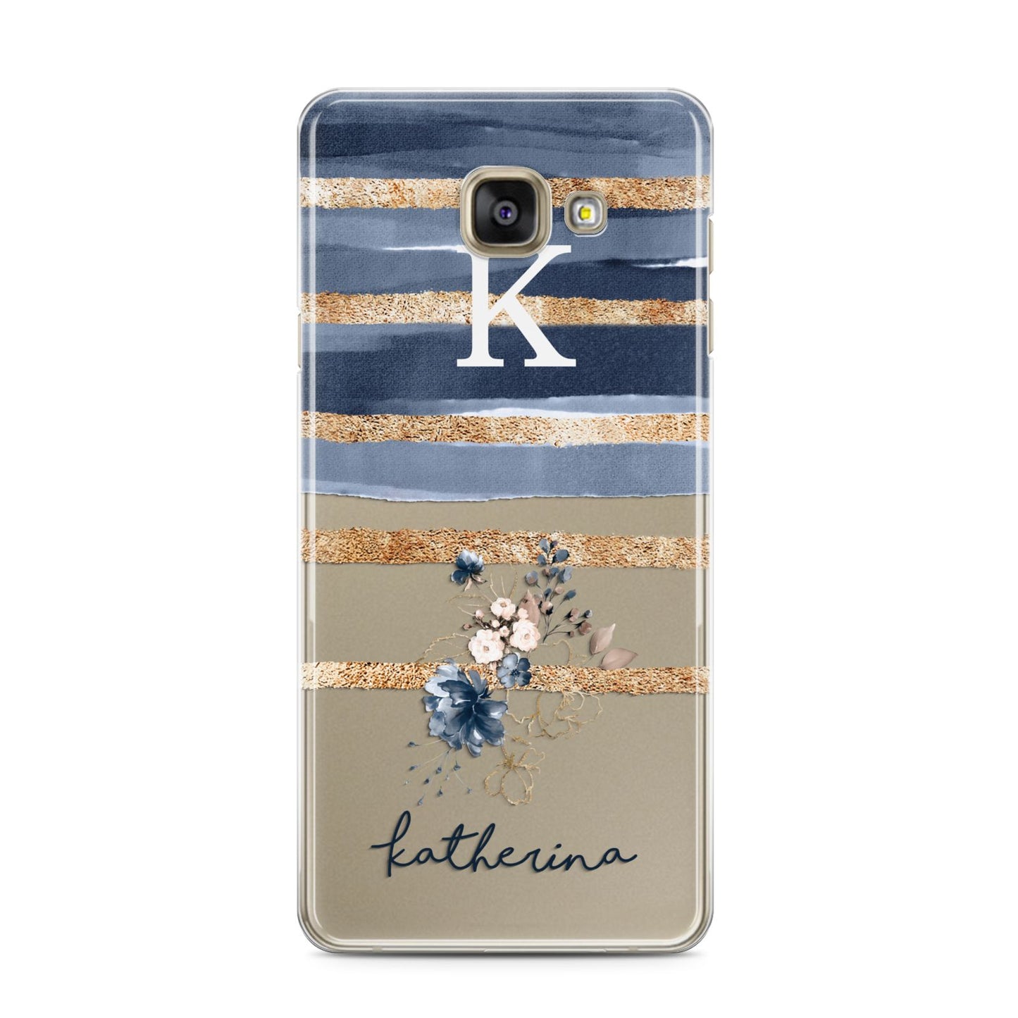 Personalised Gold Striped Watercolour Samsung Galaxy A3 2016 Case on gold phone