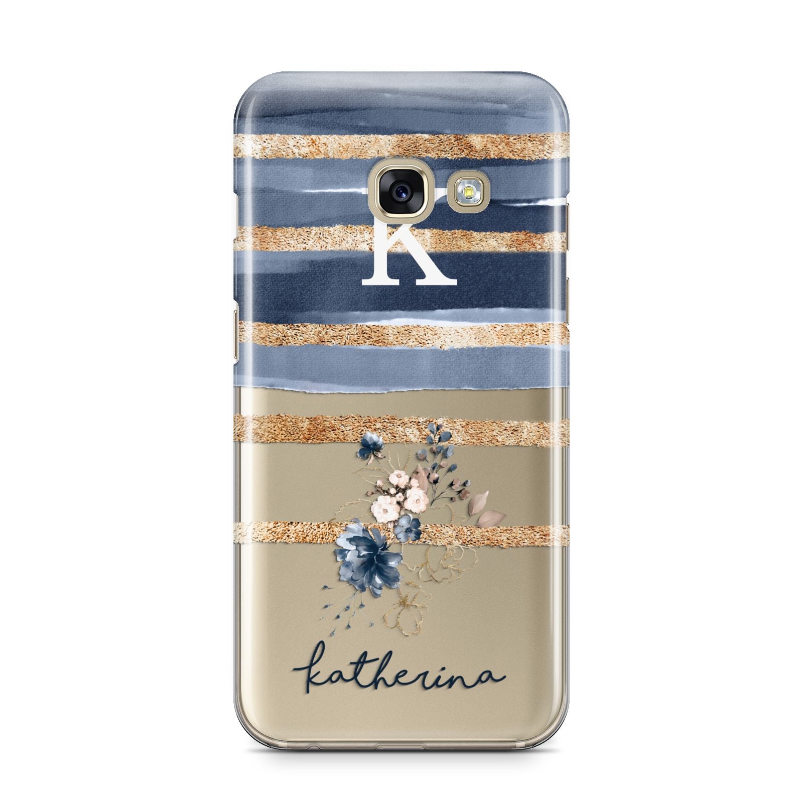 Personalised Gold Striped Watercolour Samsung Galaxy A3 2017 Case on gold phone