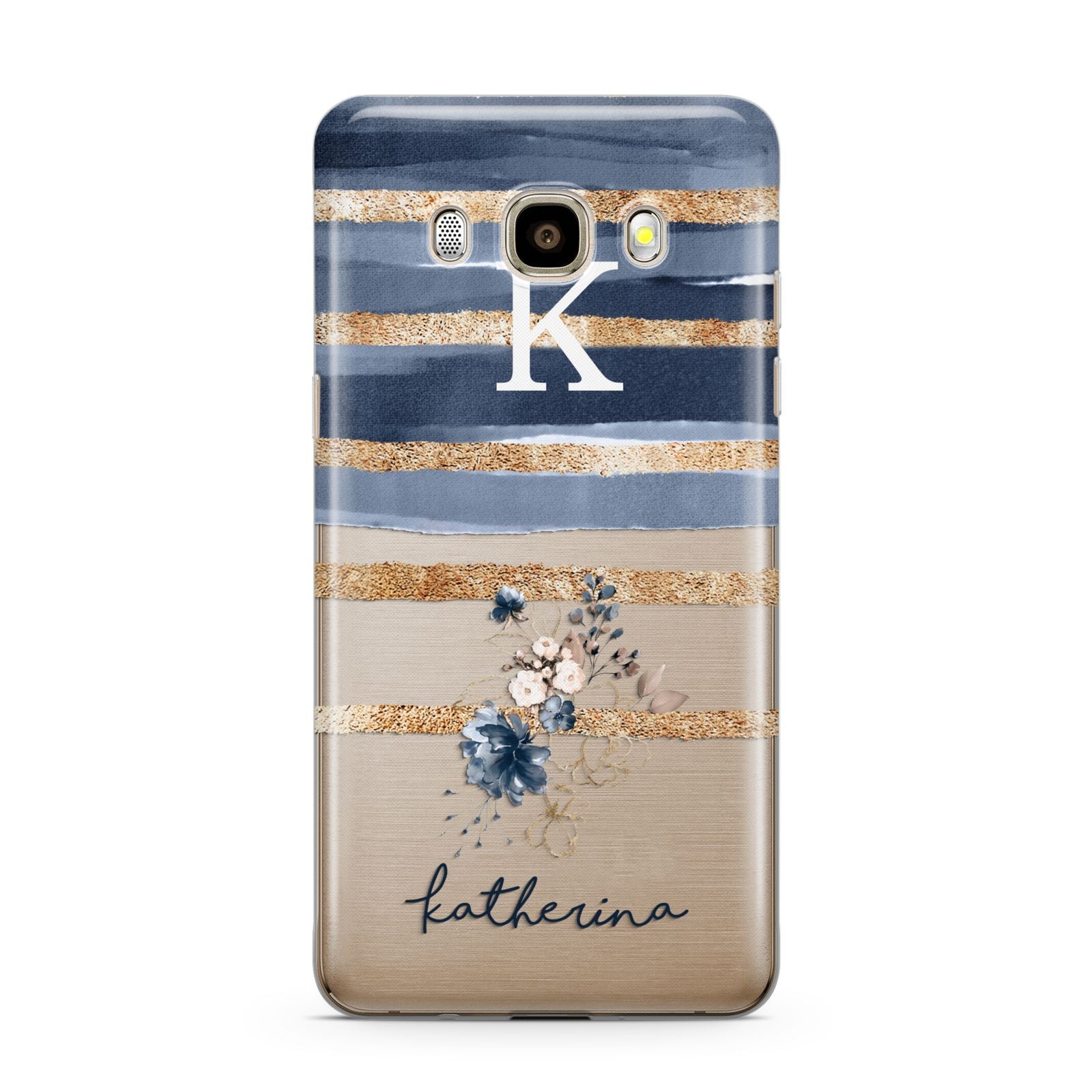 Personalised Gold Striped Watercolour Samsung Galaxy J7 2016 Case on gold phone