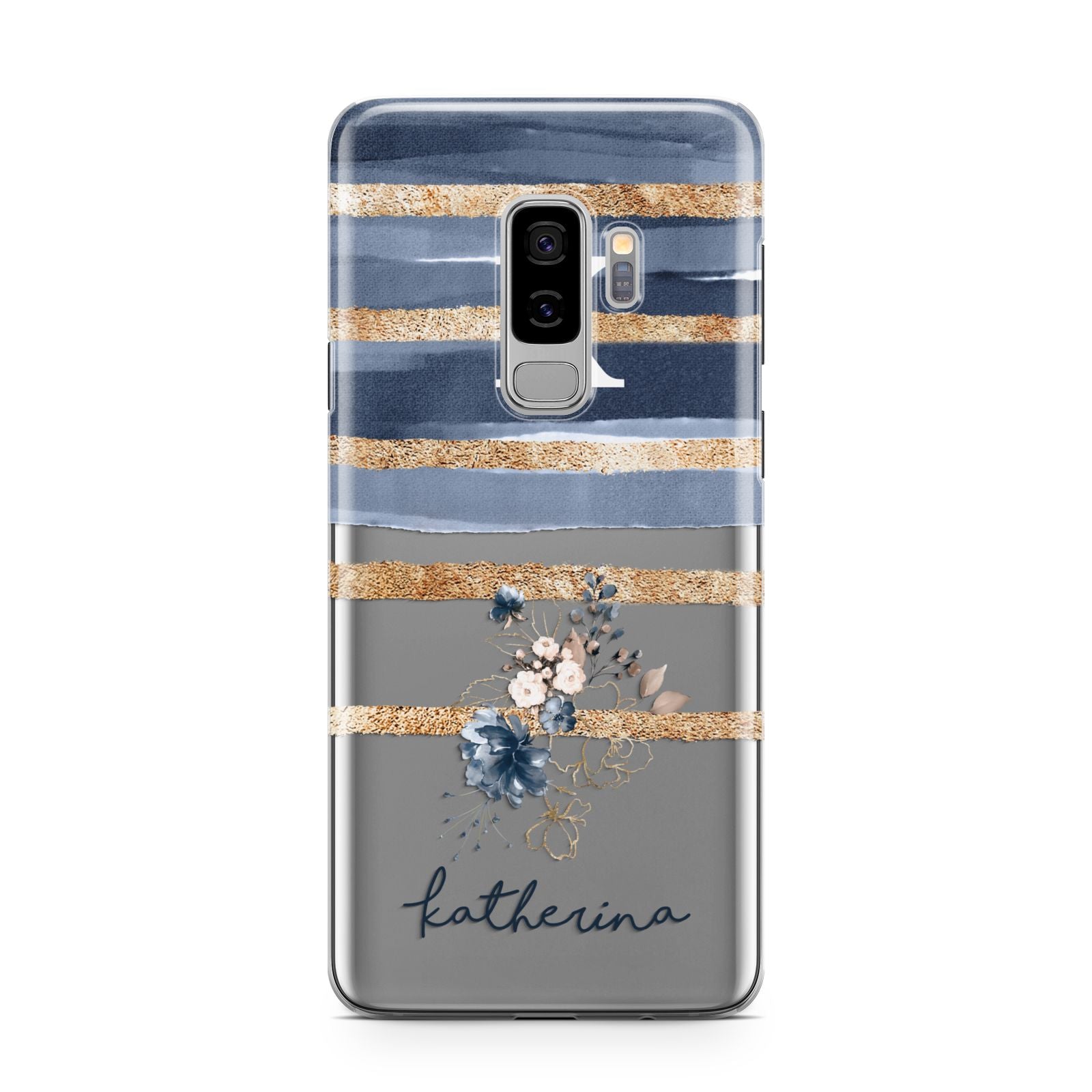 Personalised Gold Striped Watercolour Samsung Galaxy S9 Plus Case on Silver phone