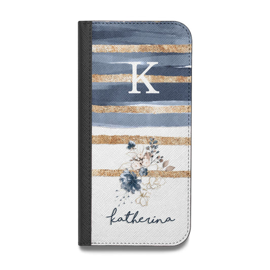 Personalised Gold Striped Watercolour Vegan Leather Flip iPhone Case