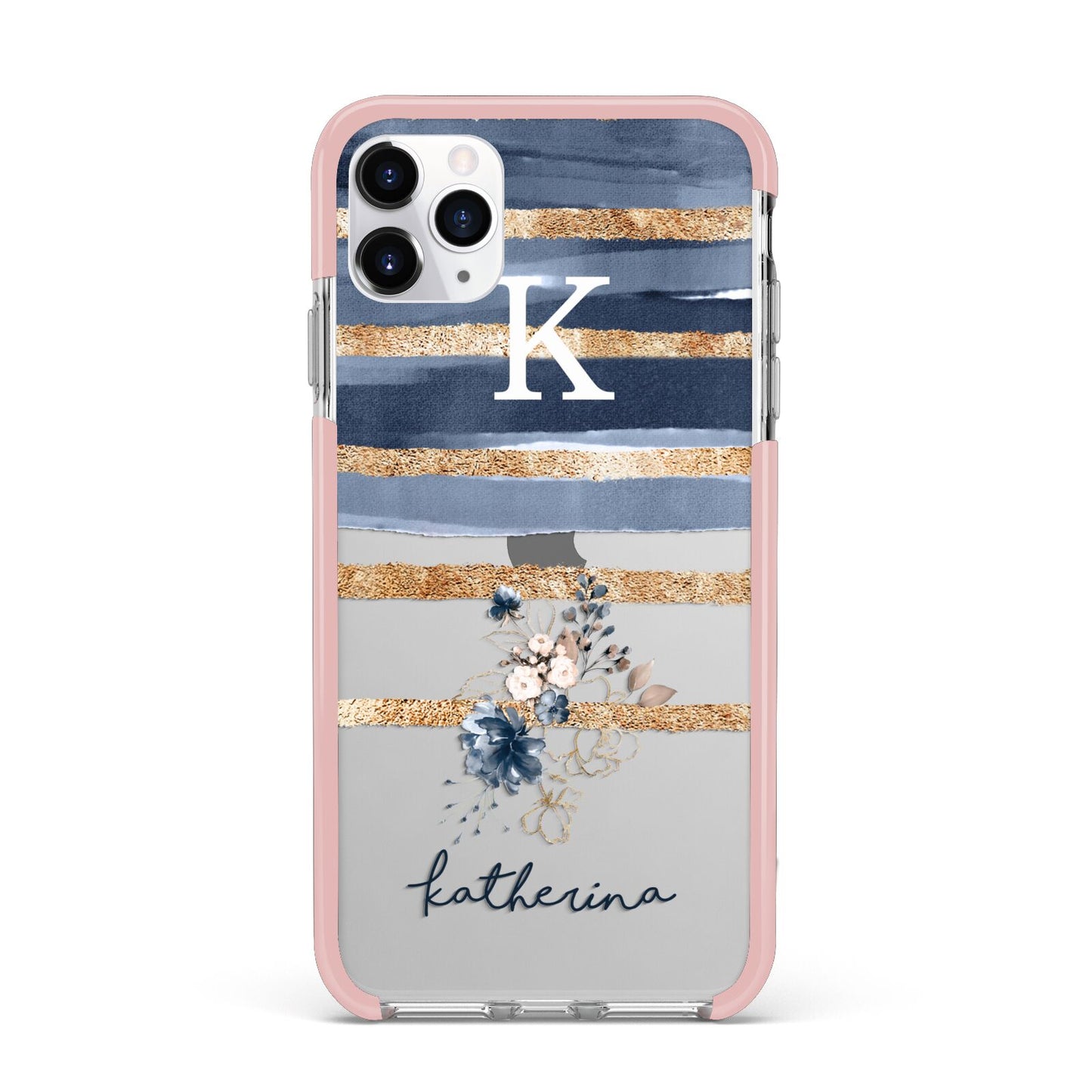 Personalised Gold Striped Watercolour iPhone 11 Pro Max Impact Pink Edge Case