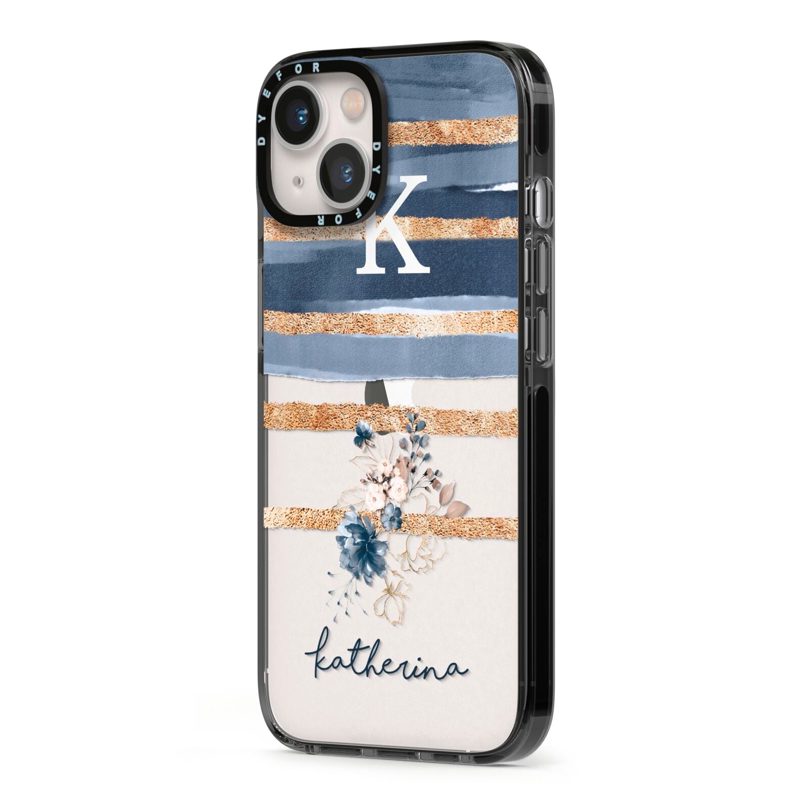 Personalised Gold Striped Watercolour iPhone 13 Black Impact Case Side Angle on Silver phone