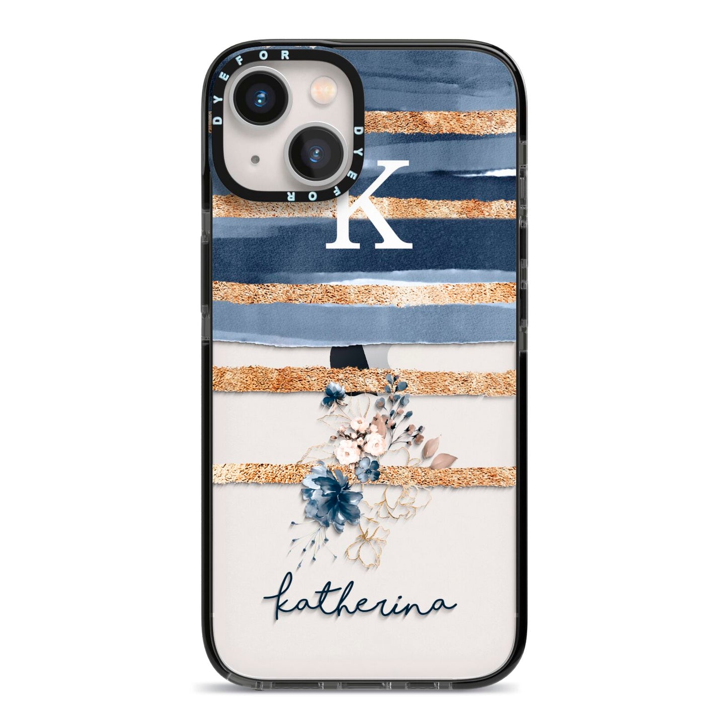 Personalised Gold Striped Watercolour iPhone 13 Black Impact Case on Silver phone