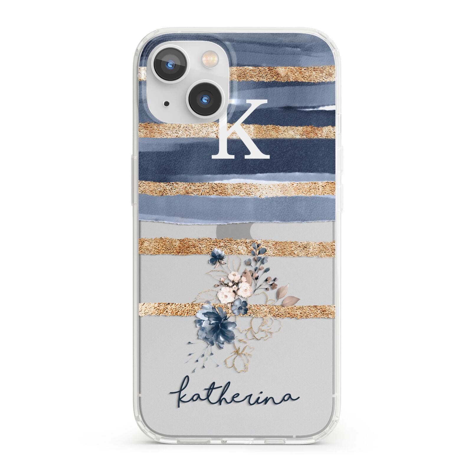Personalised Gold Striped Watercolour iPhone 13 Clear Bumper Case