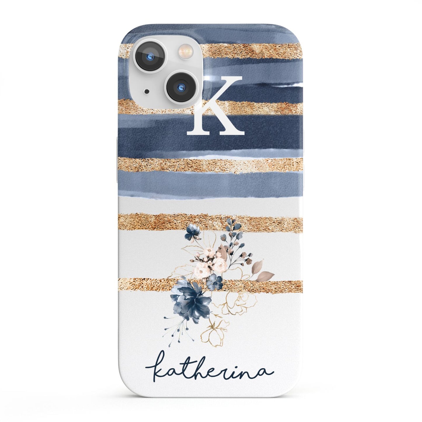 Personalised Gold Striped Watercolour iPhone 13 Full Wrap 3D Snap Case