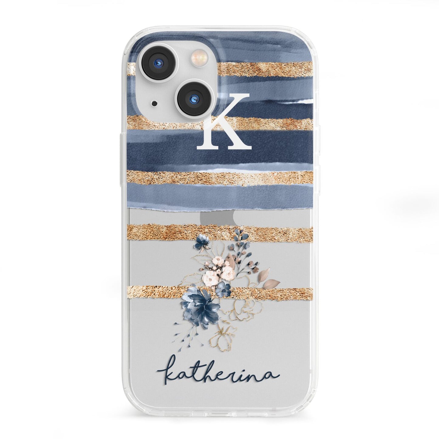 Personalised Gold Striped Watercolour iPhone 13 Mini Clear Bumper Case
